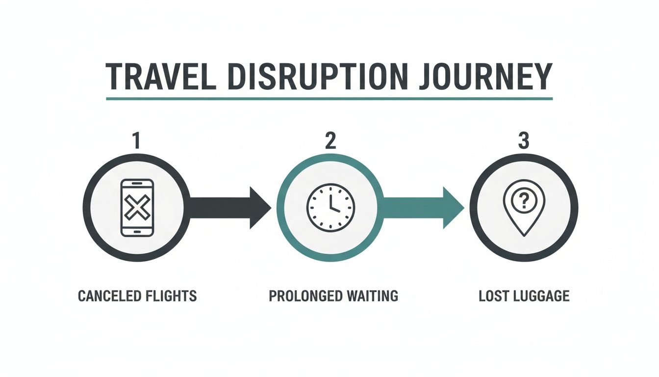 An infographic detailing the three steps of a travel disruption journey: canceled flights, prolonged waiting, and lost luggage.