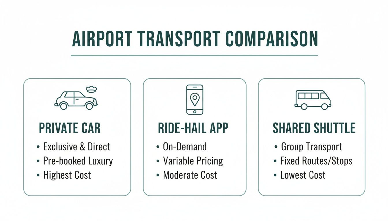 Infographic comparing airport private car, ride-hail app, and shared shuttle transport services.