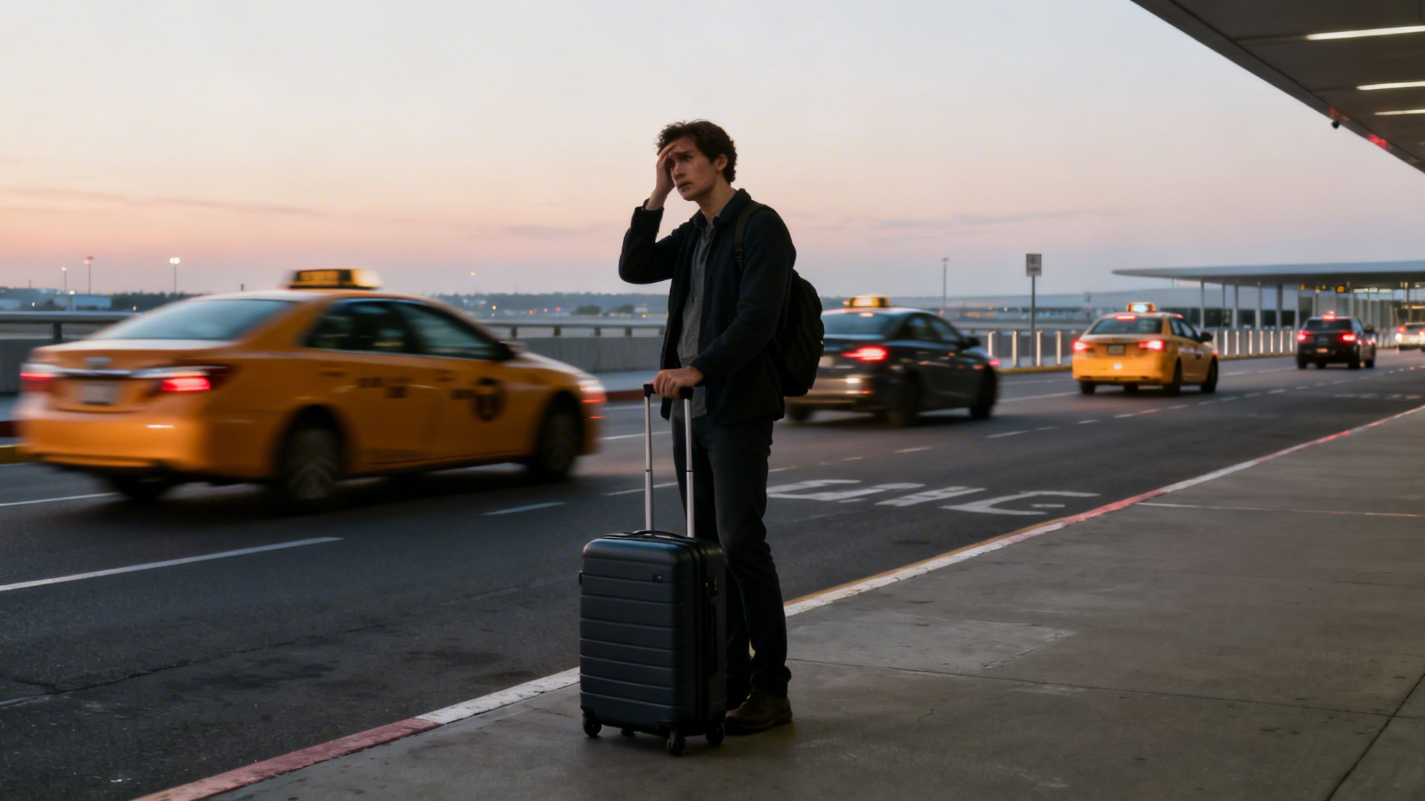 A man with a suitcase stands at an airport curb, looking stressed as taxis drive by.