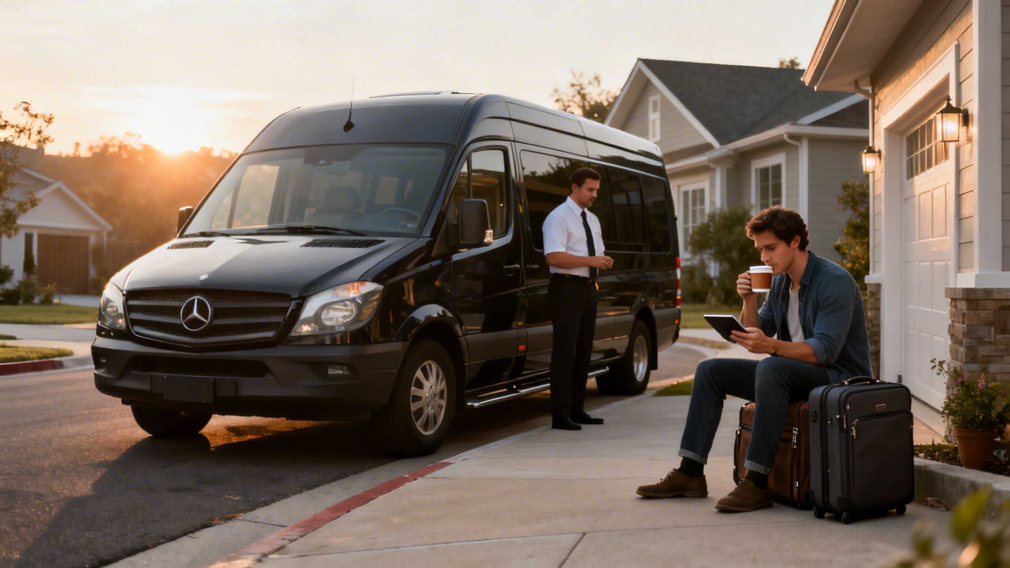 Black private shuttle van and chauffeur wait for a passenger on a residential street at sunset.