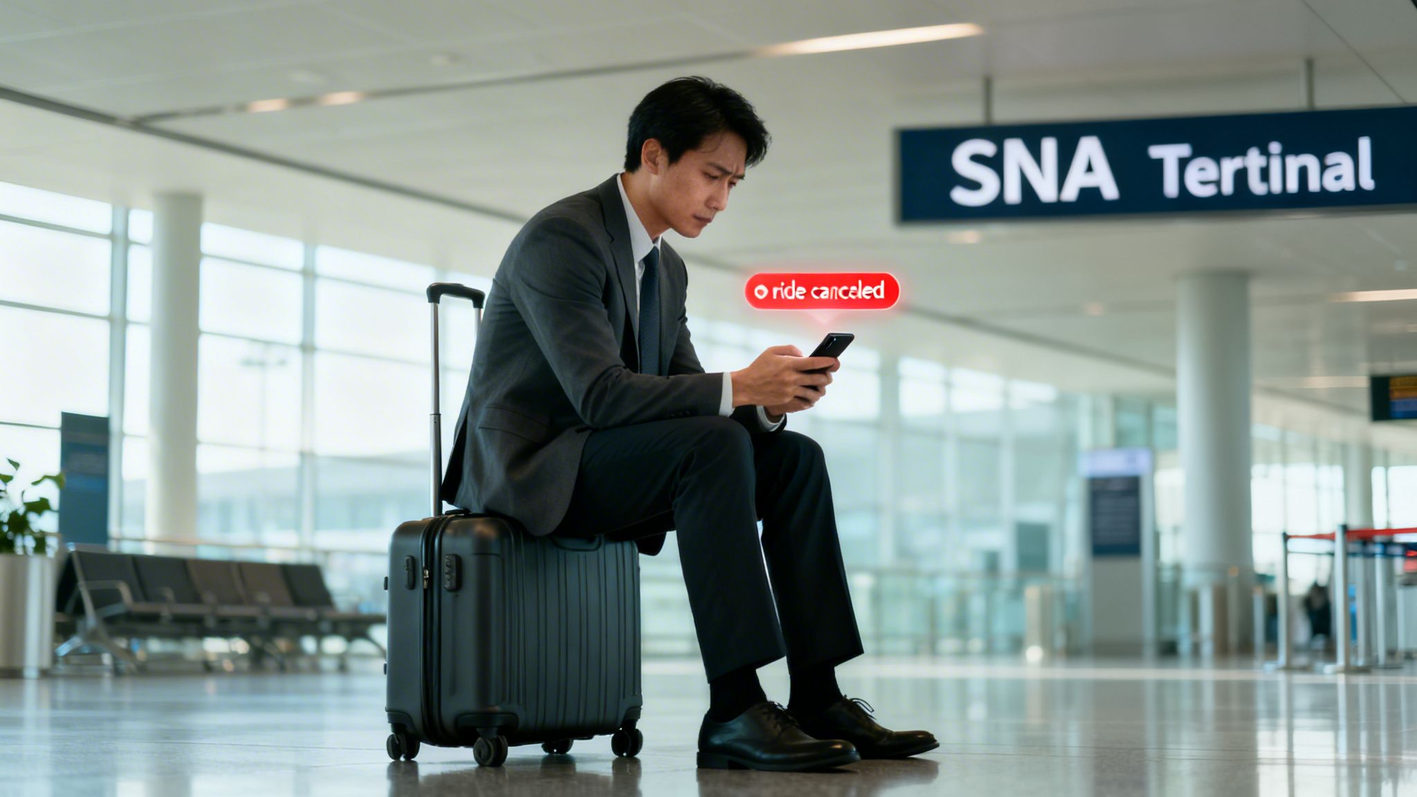 A businessman sits on his luggage in an airport terminal, looking distressed at a 'ride canceled' notification on his phone.