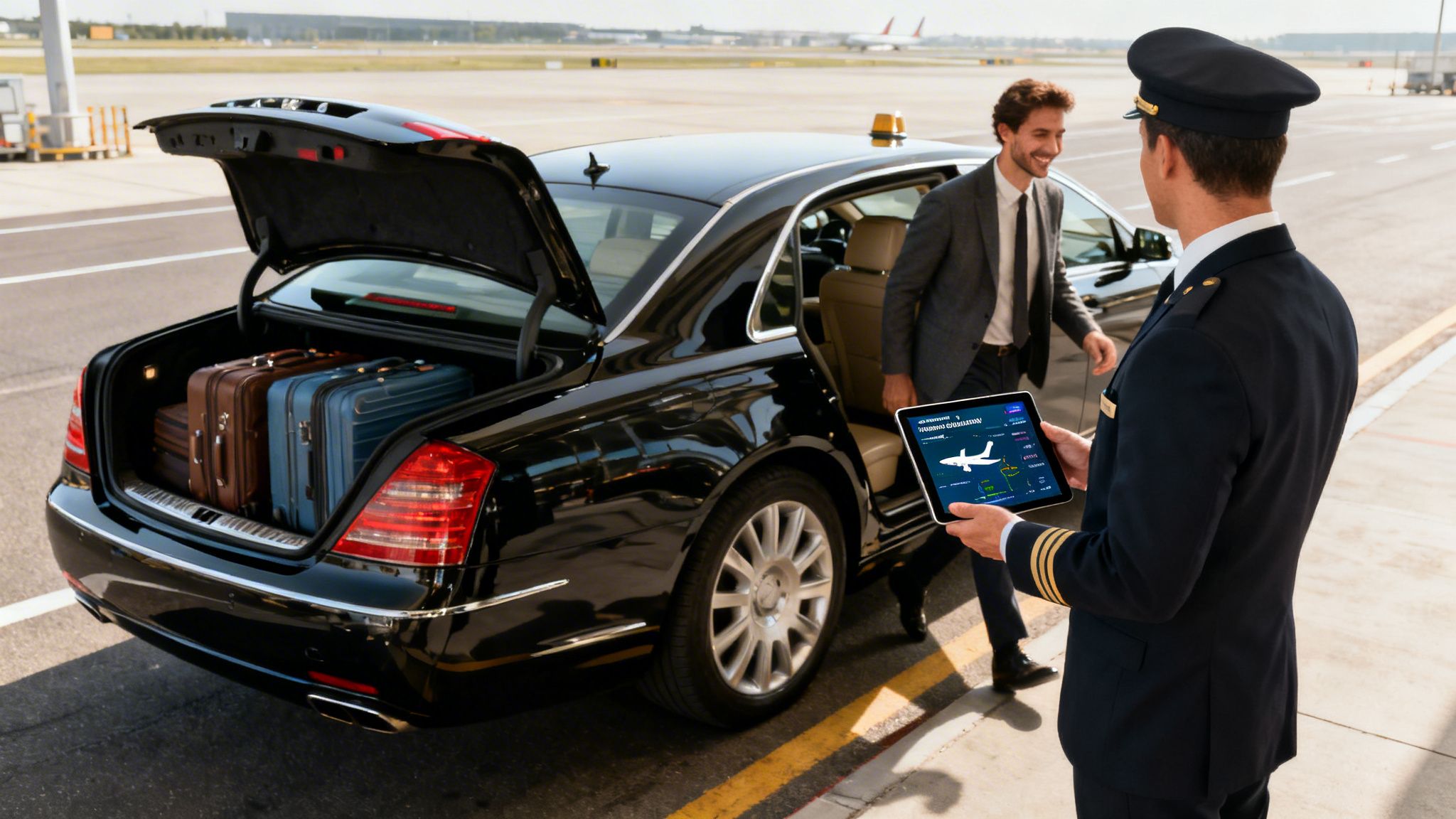 Pilot holding a tablet while a passenger exits a luxury car at the airport, with luggage in the trunk.