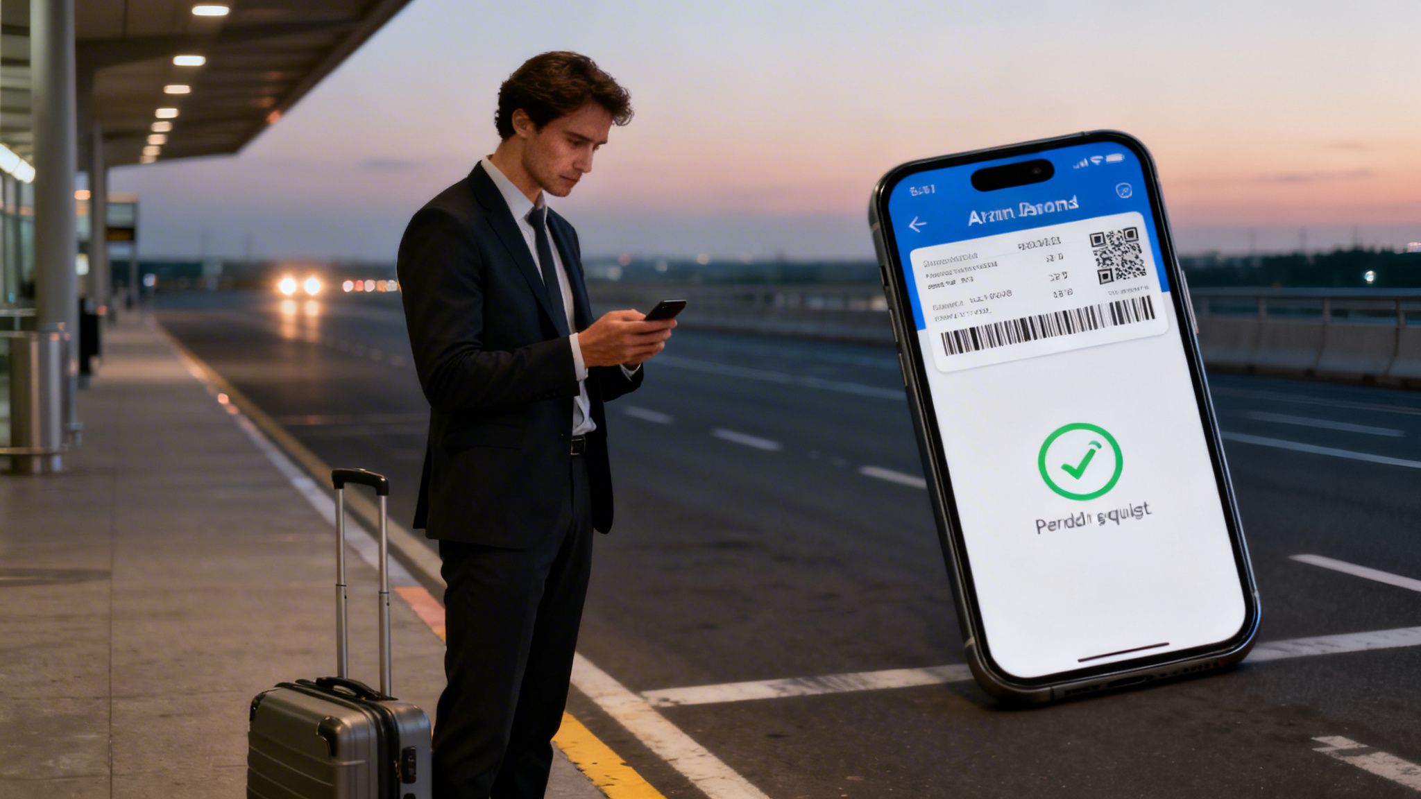 A businessman checks his smartphone at an airport with luggage, displaying a digital pass.