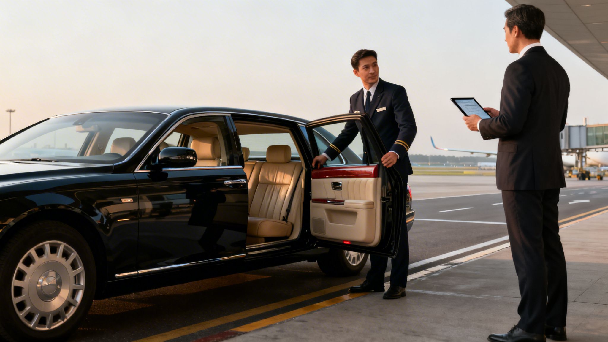 A pilot opens the door of a black luxury car for a businessman holding a tablet at an airport.