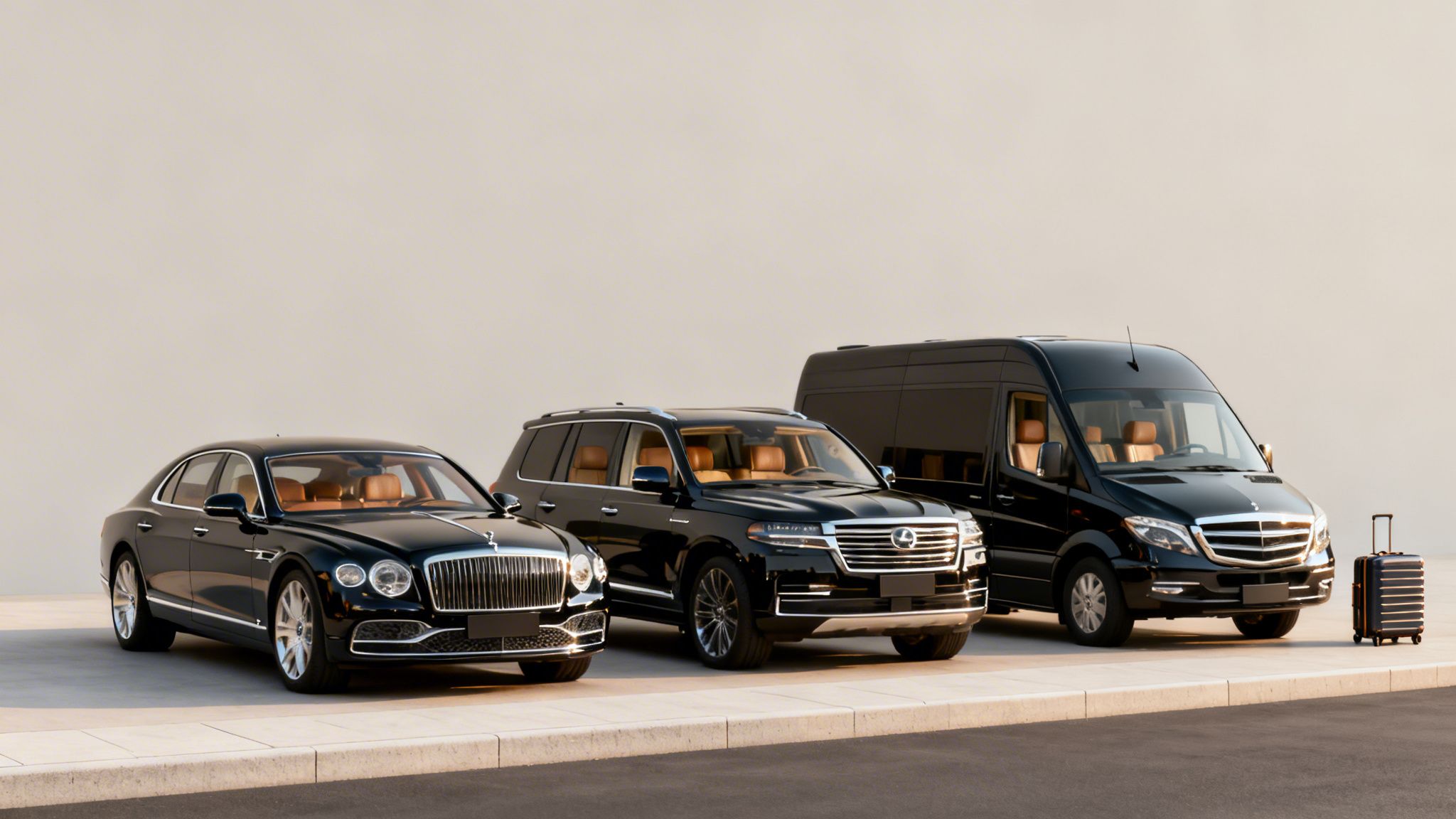 Three luxury black vehicles: a Bentley sedan, Lexus SUV, and Mercedes-Benz van, with a suitcase.