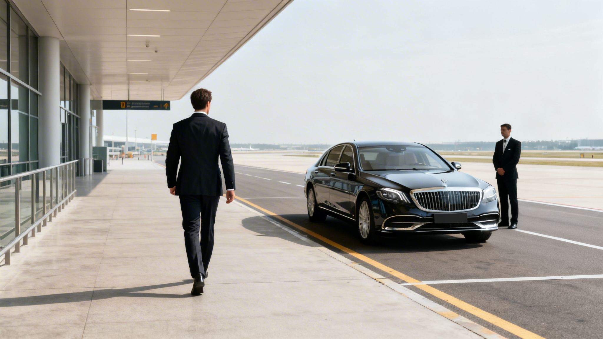 A businessman walks towards a waiting black luxury car and a chauffeur at an airport.