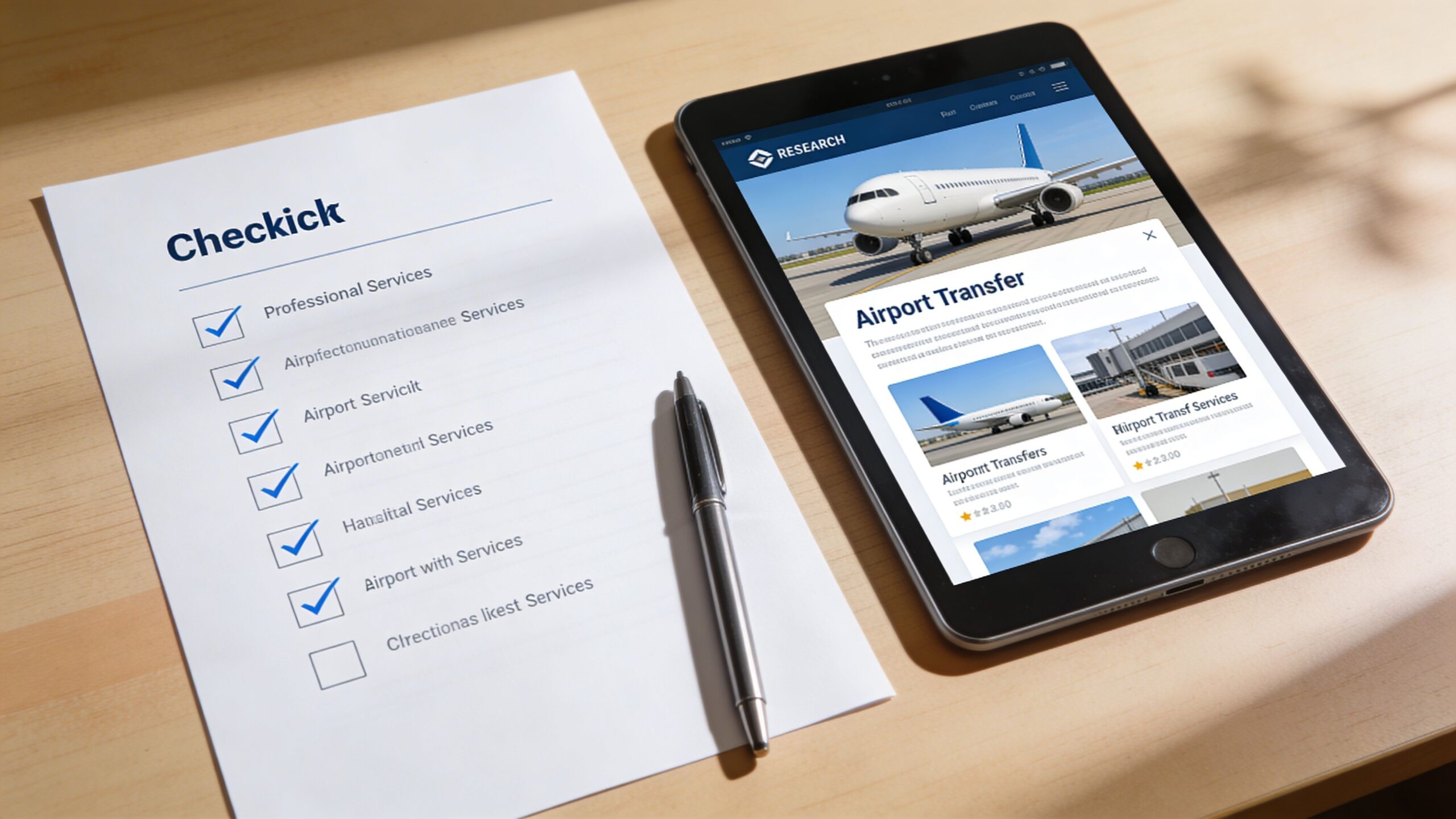 A digital tablet displaying an airport transfer booking website beside a printed checklist on a wooden desk.