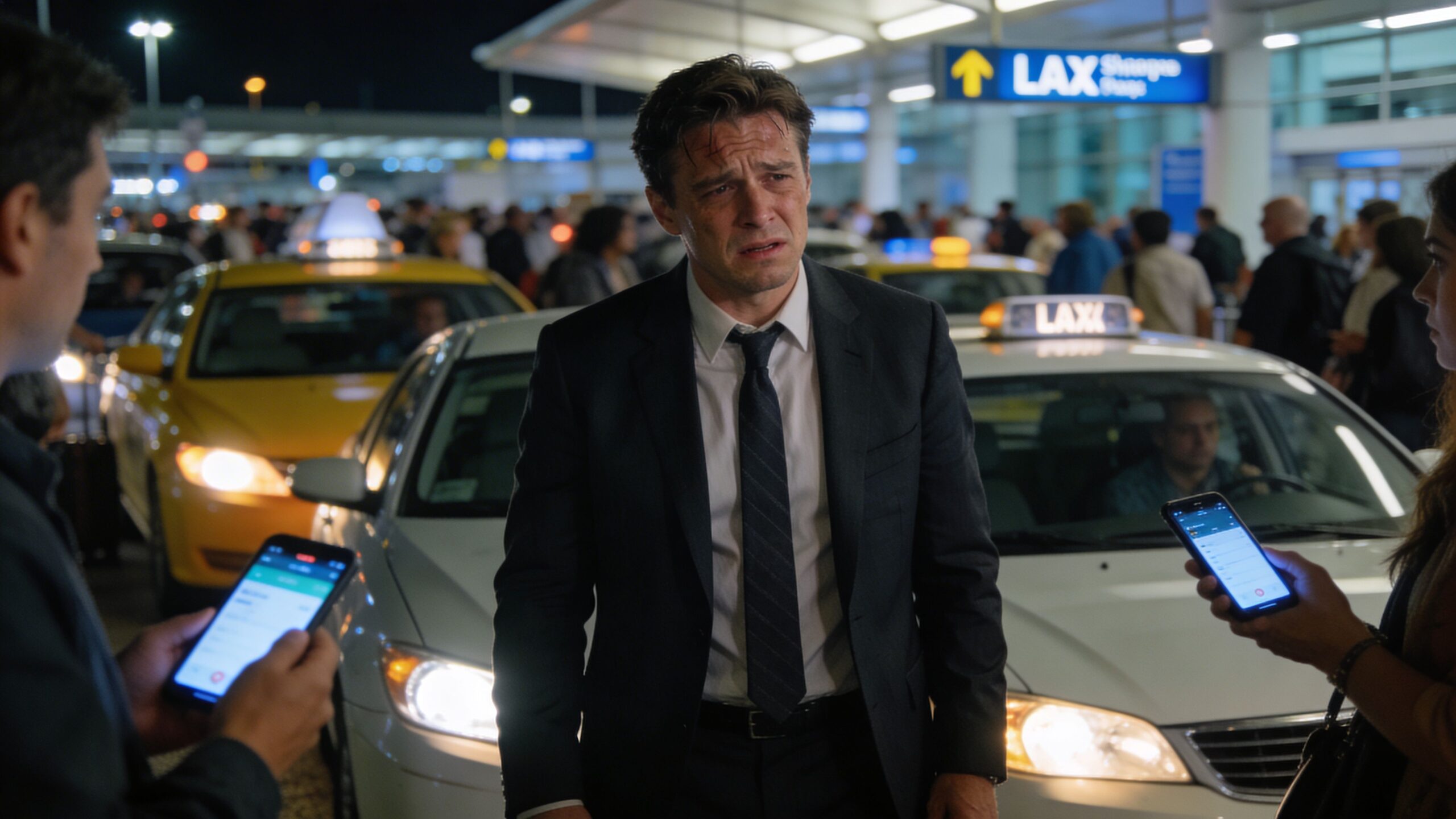 A distraught man in a suit stands between two yellow taxis at a busy airport terminal at night.