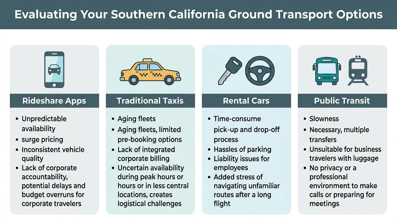 A comparison chart outlining the disadvantages of various Southern California ground transportation options for business travelers.