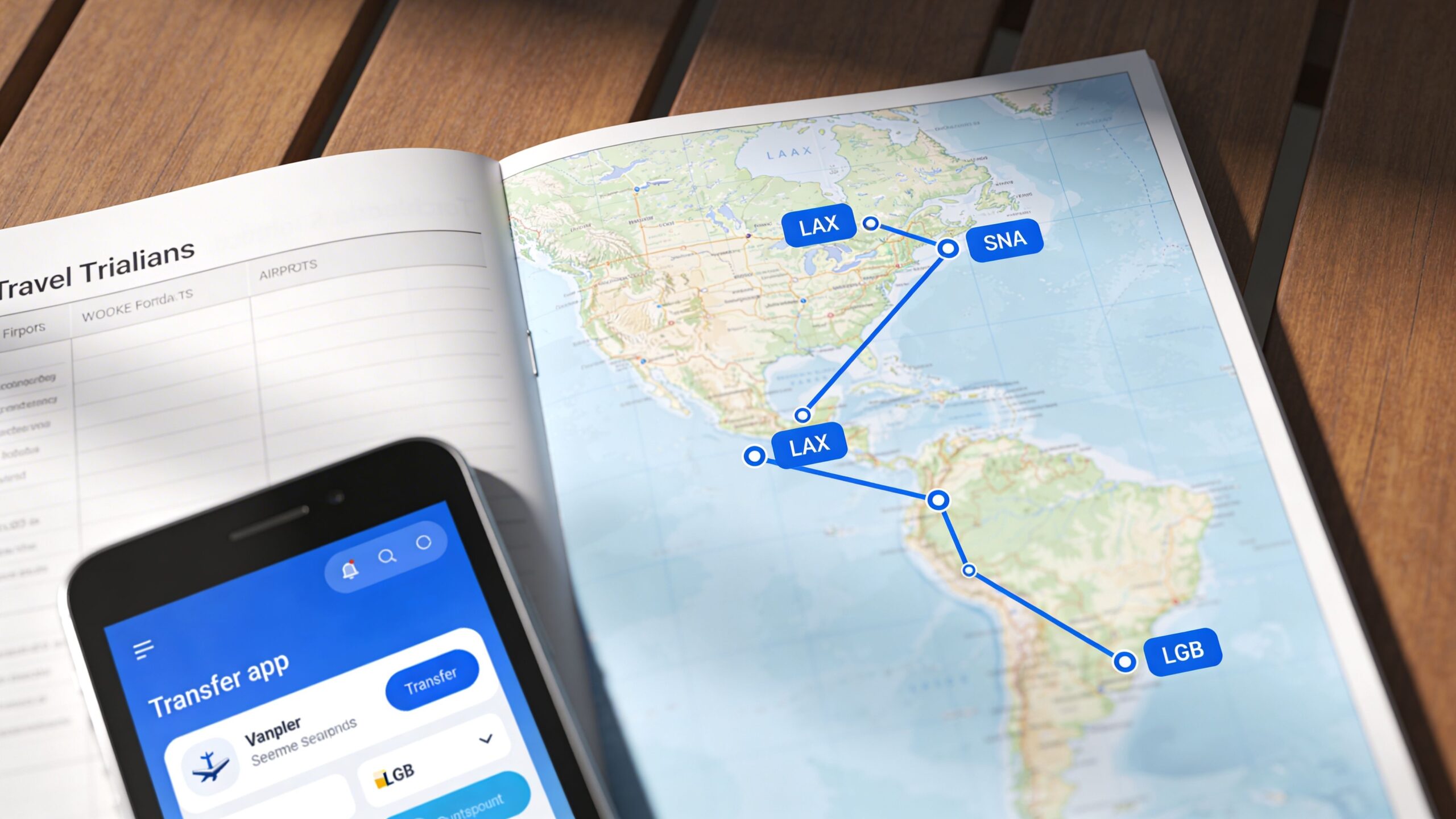 A smartphone displaying an airport transfer app beside a paper map illustrating travel routes between airports.
