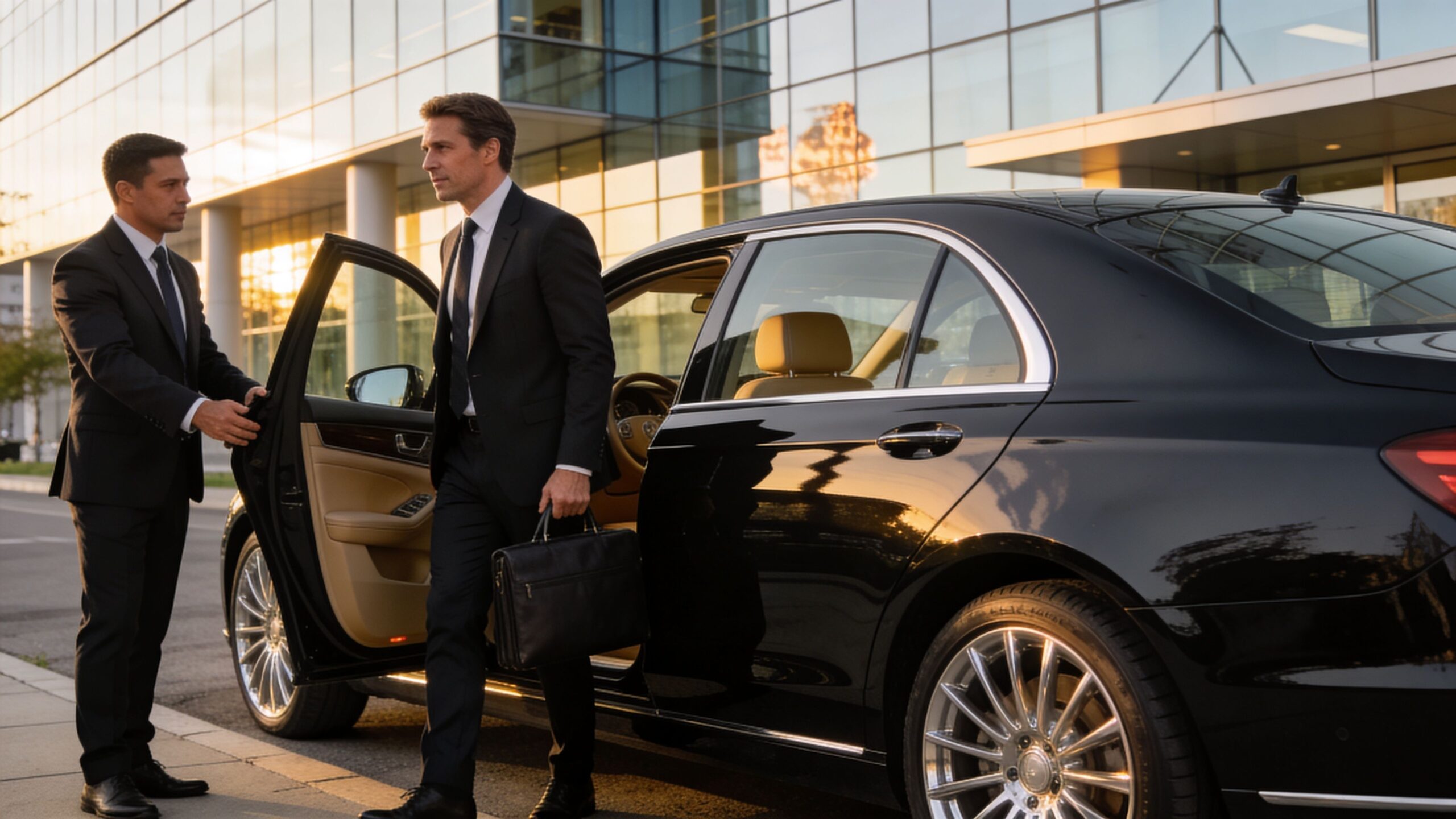 A professional chauffeur opens the door for a businessman with a briefcase stepping out of a luxury car.