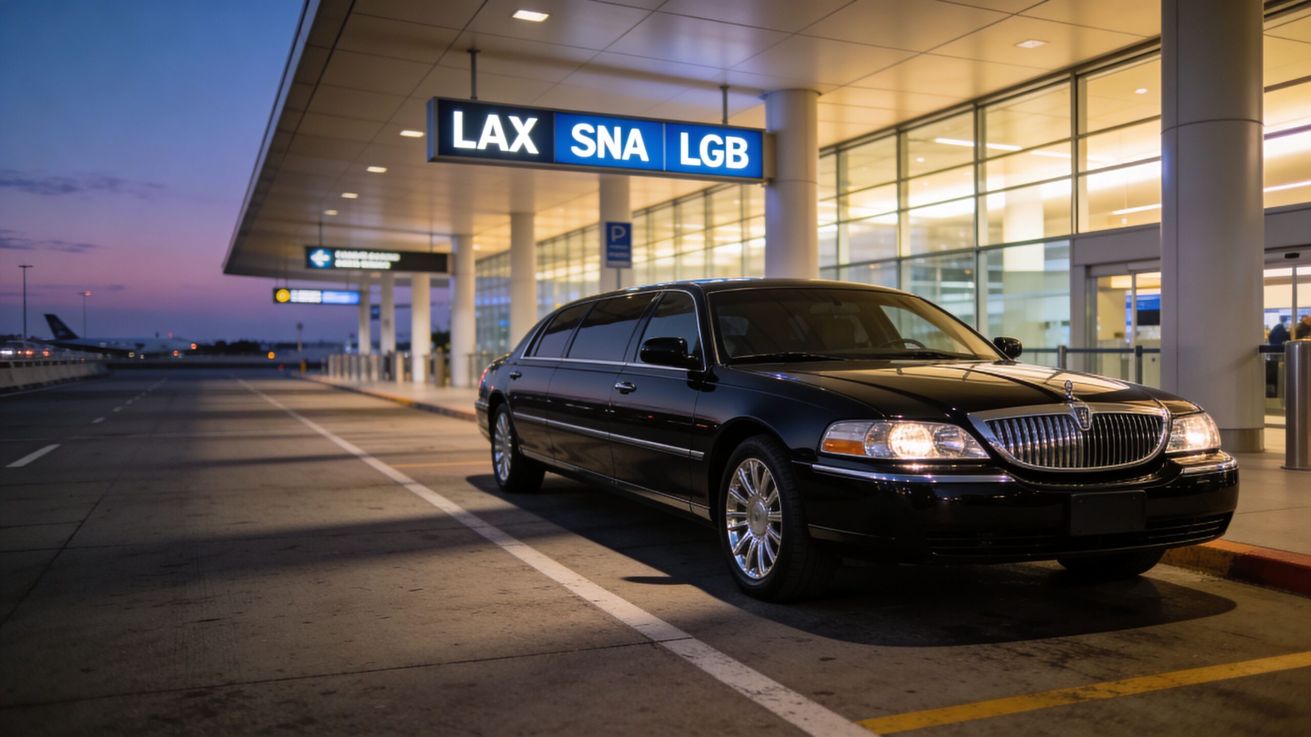 A luxurious black stretch limousine parked at an airport curb during a scenic sunset evening.