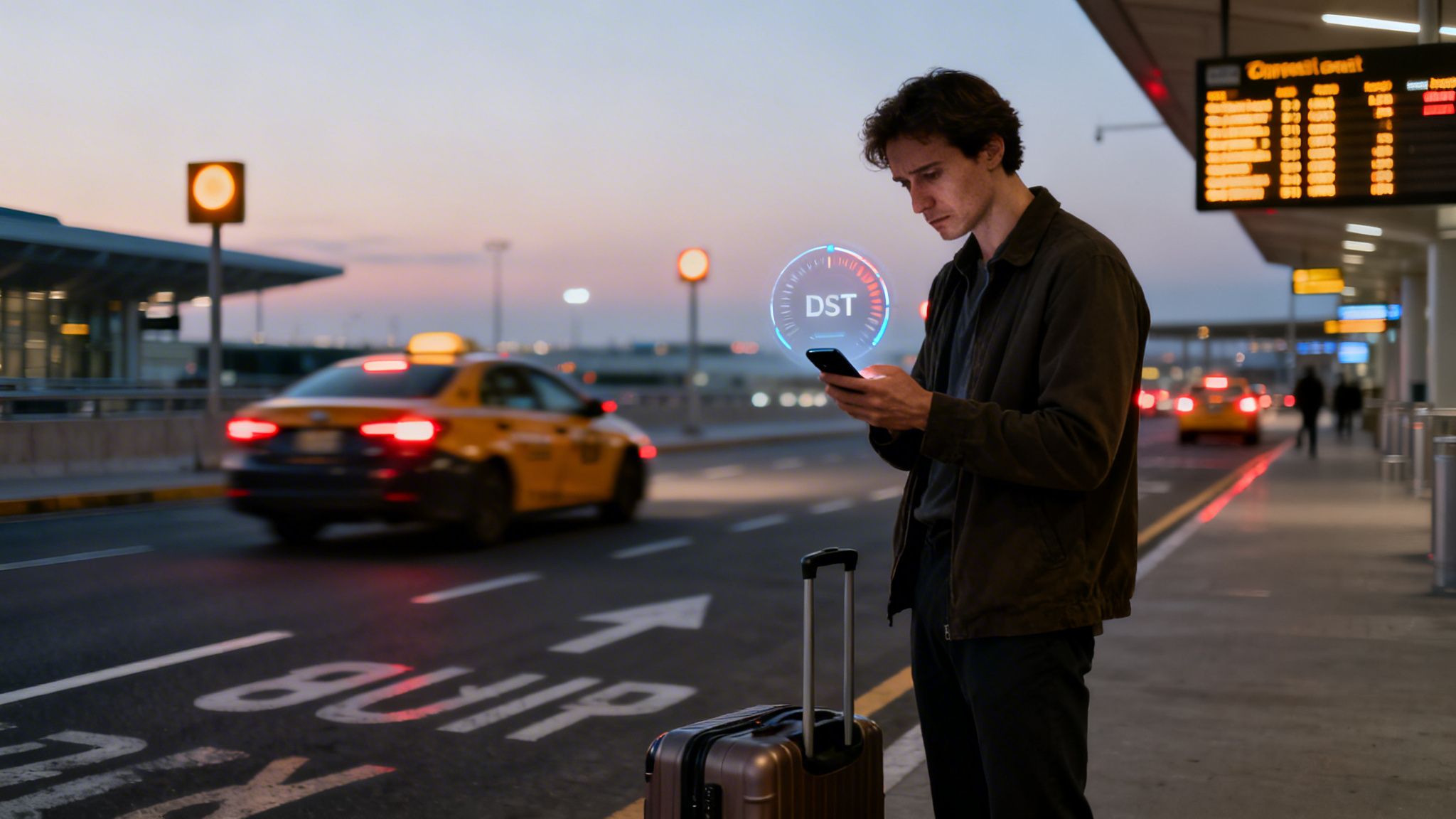 Man checking phone with holographic DST display at an airport taxi stand at dusk, suitcase beside him.
