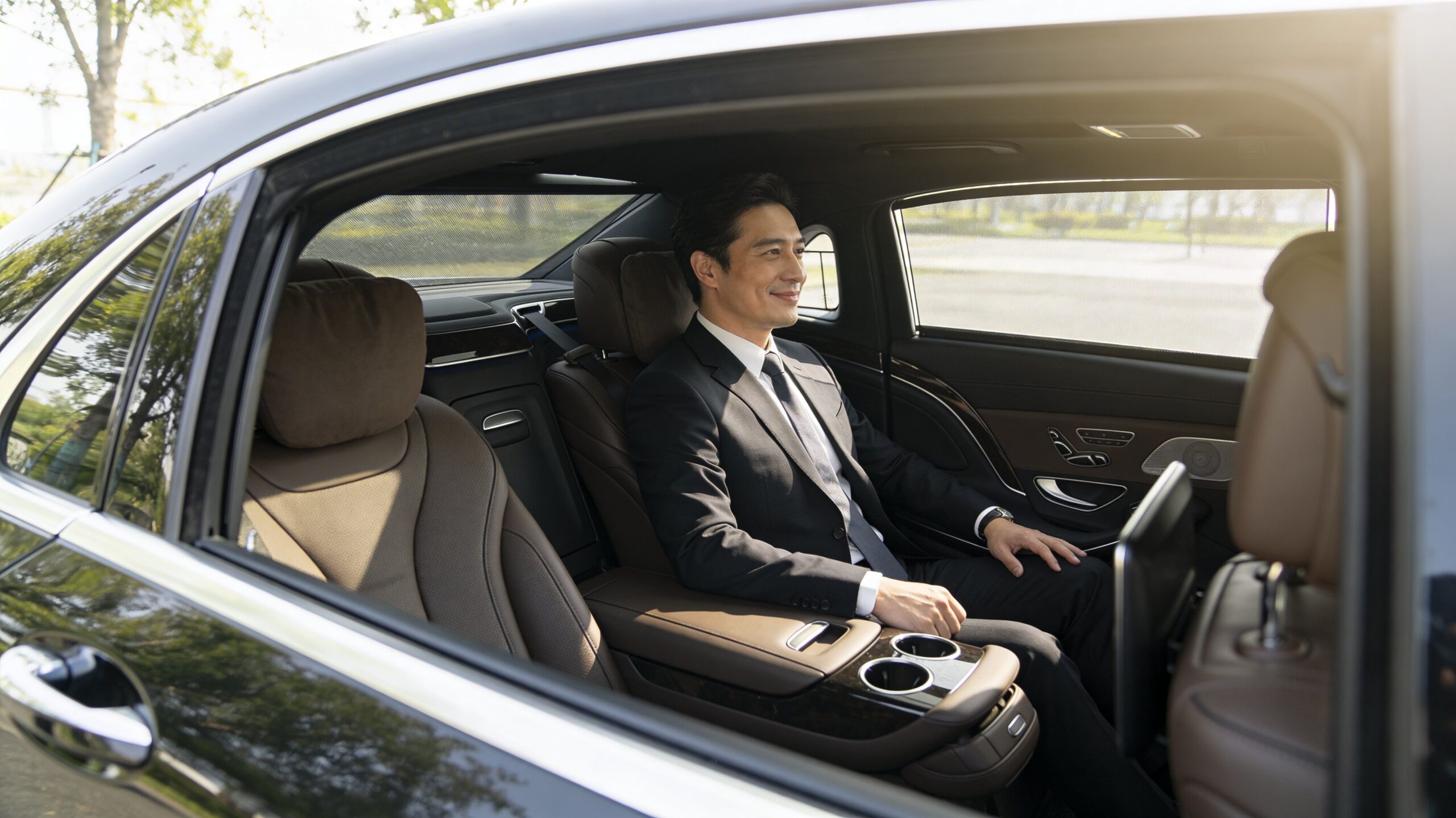 A professional businessman in a suit sitting comfortably in the backseat of a luxury chauffeur car.