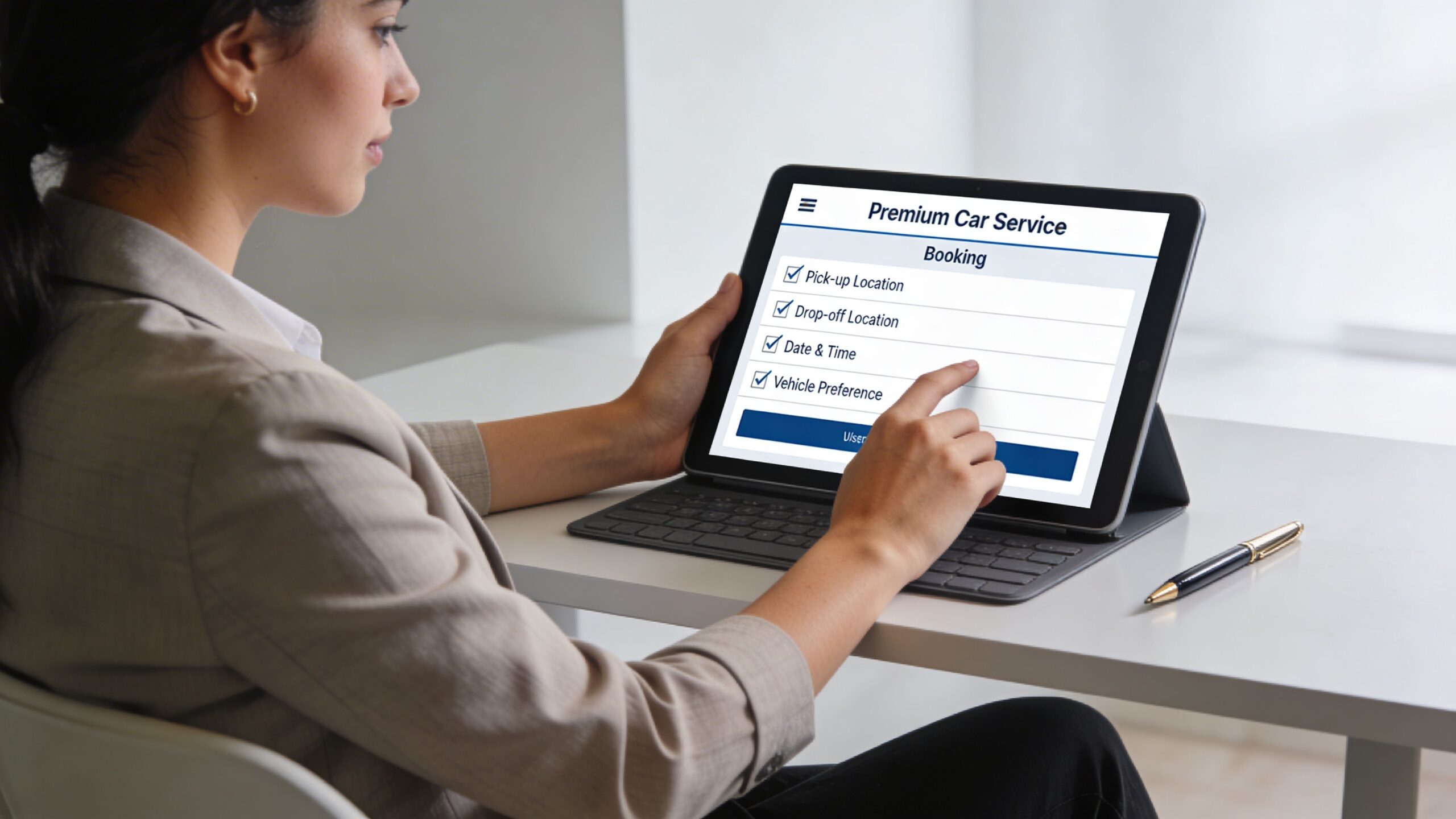A woman in a business suit using a digital tablet to book a premium car service.
