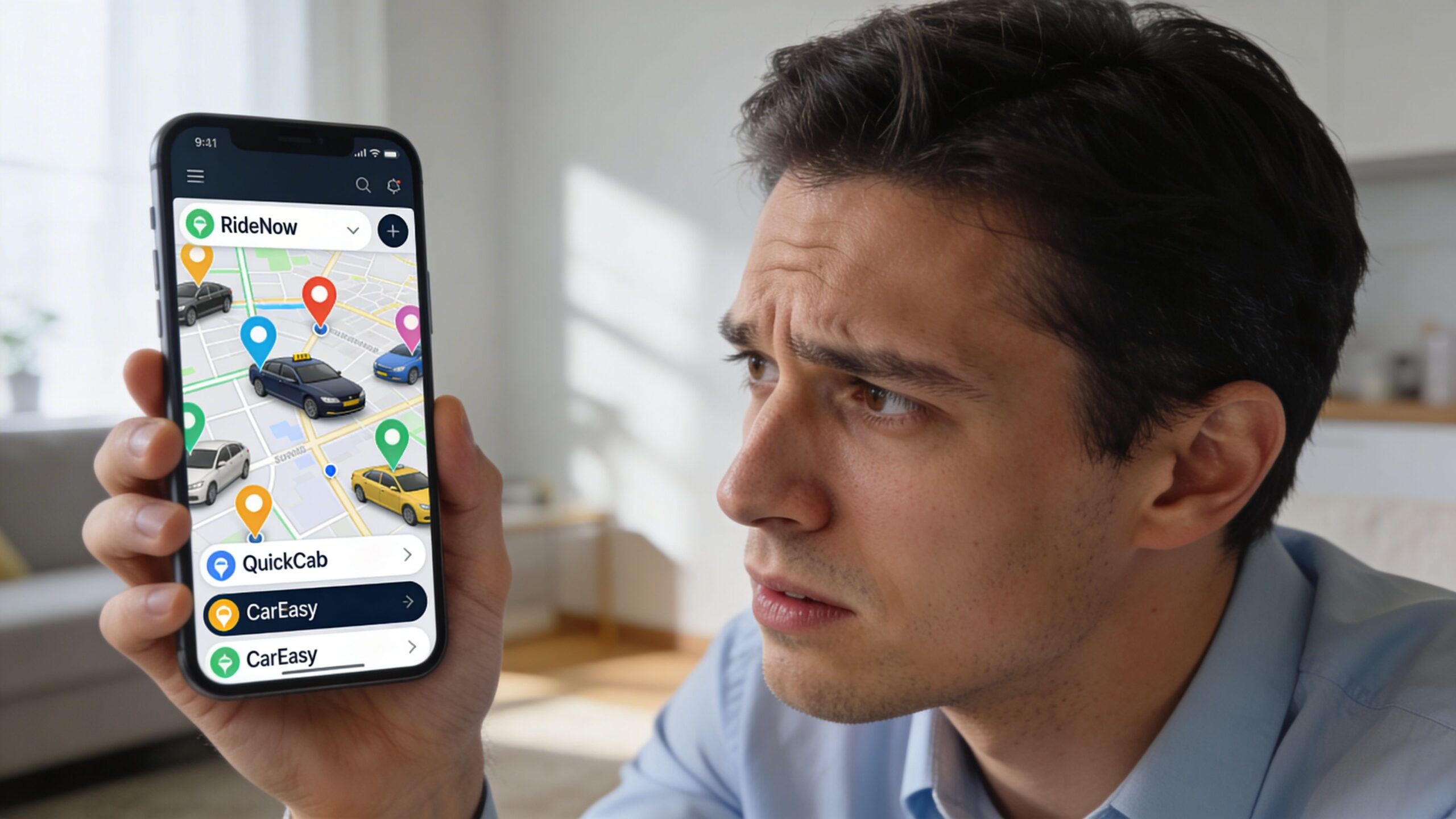 A concerned man looking at a car ride service app on his smartphone screen with map markers.