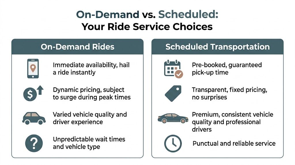 A comparison chart outlining the key differences between on-demand rides and scheduled transportation services for travelers.