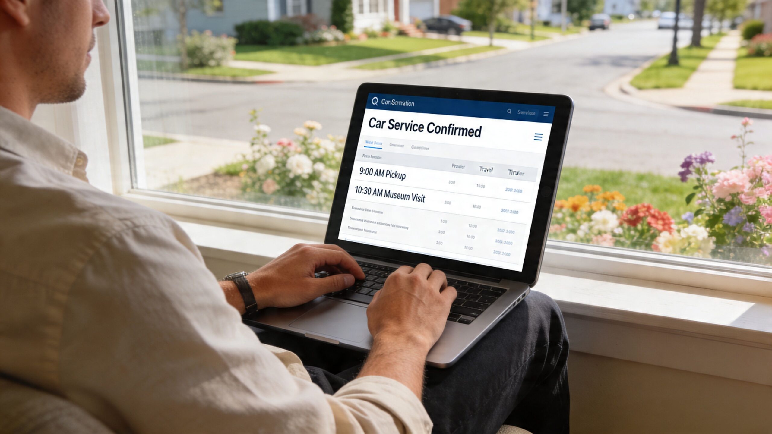 A man sits by a window using a laptop to view car service confirmation details online.