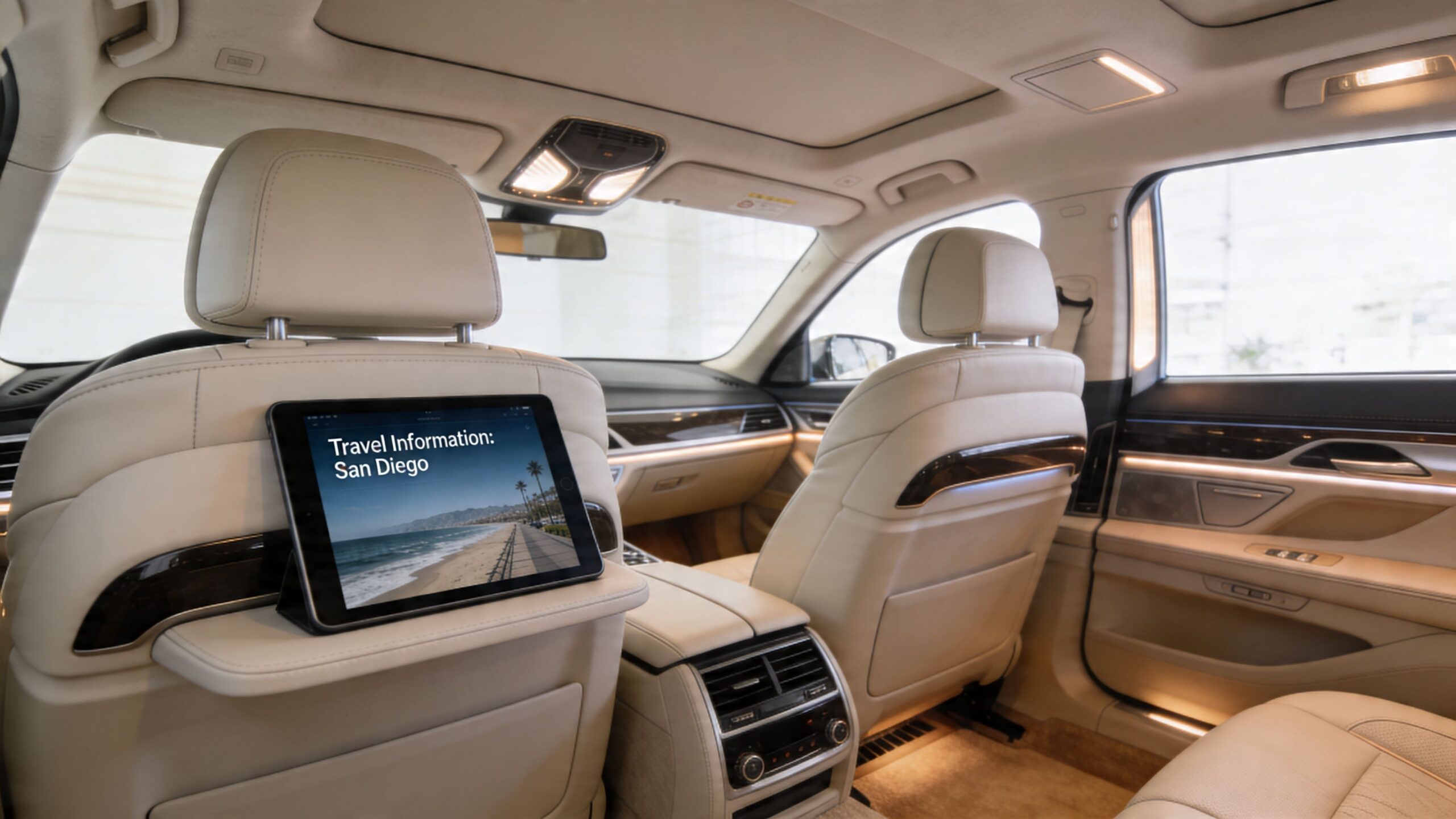 Luxury car interior with a tablet displaying travel information about San Diego on the back of the seat.