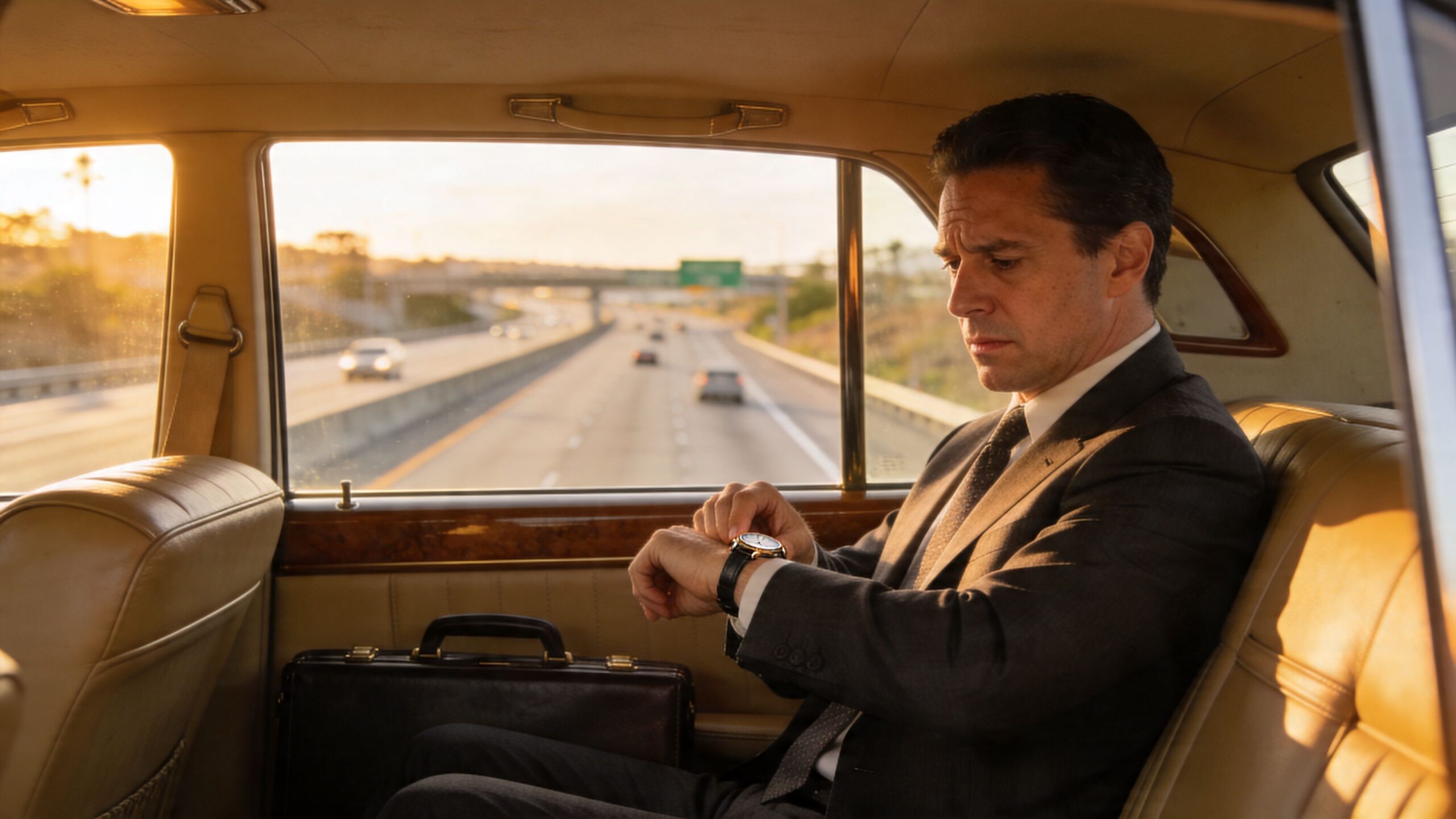 A professional man in a suit checking his wristwatch while riding in the back of a car.