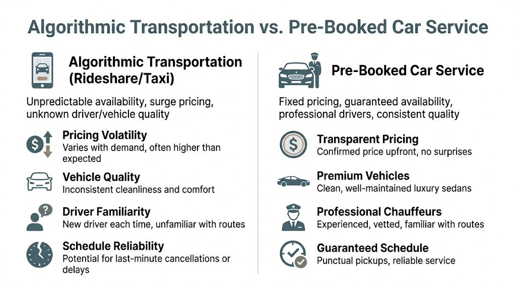 A comparison chart outlining differences between algorithmic rideshare services and professional pre-booked private car services.
