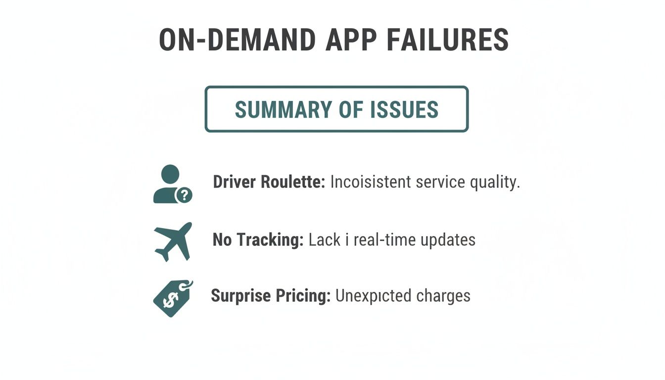 A list of common on-demand app failures including inconsistent service, no tracking, and surprise pricing.