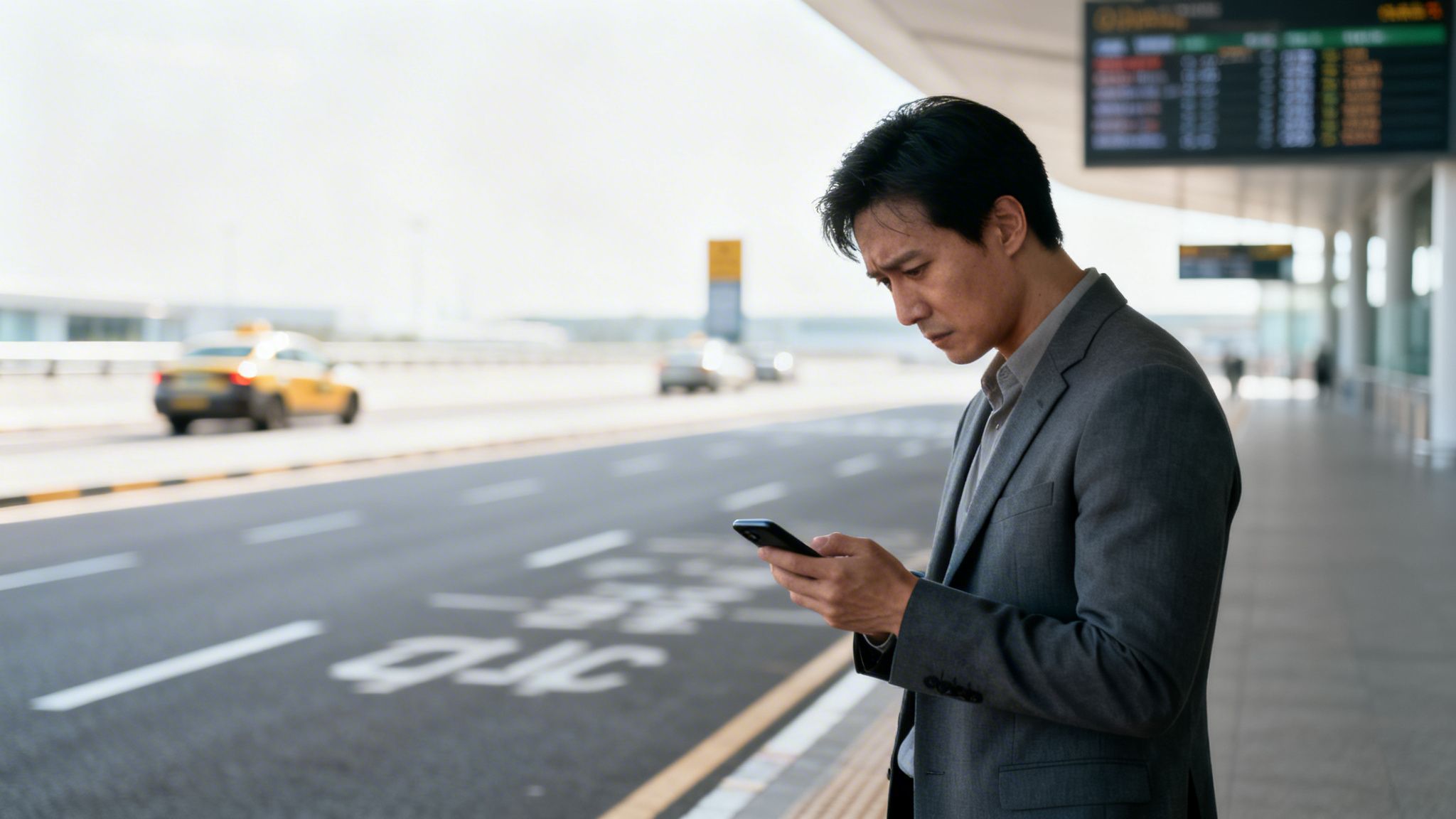 A serious man in a suit checks his smartphone at an airport or station.