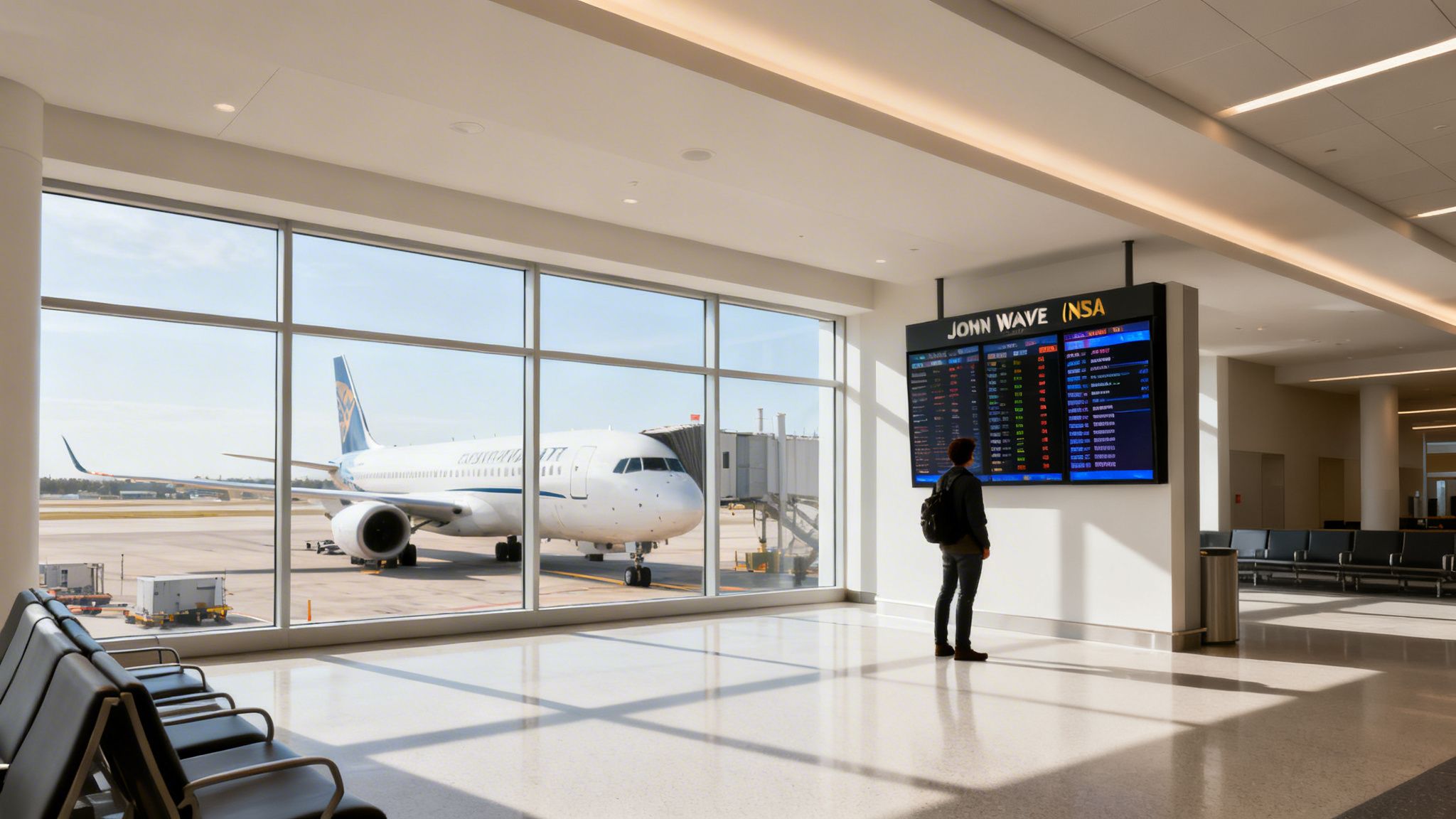 A person with a backpack stands in an airport terminal looking at a digital flight schedule board.