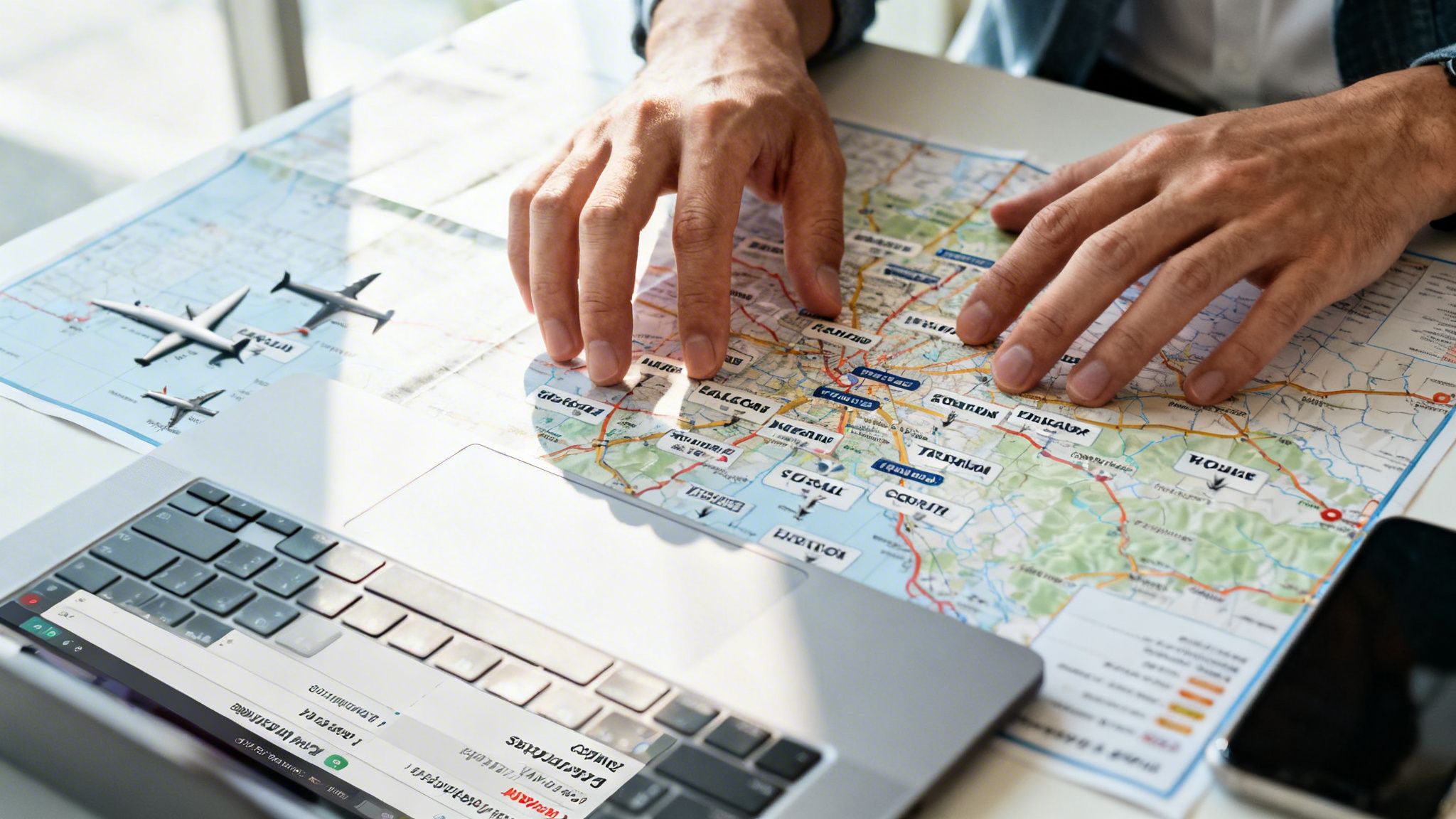 A traveler planning a trip with a map, toy airplanes, and a laptop on a table.