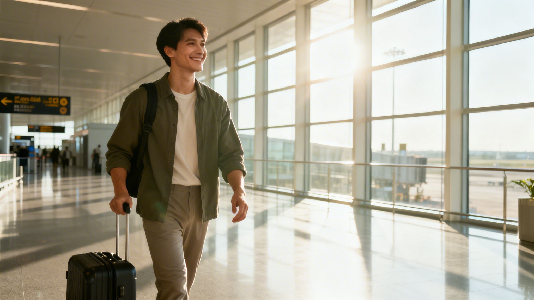 A happy young man smiling while walking through an airport terminal with his rolling suitcase and backpack.