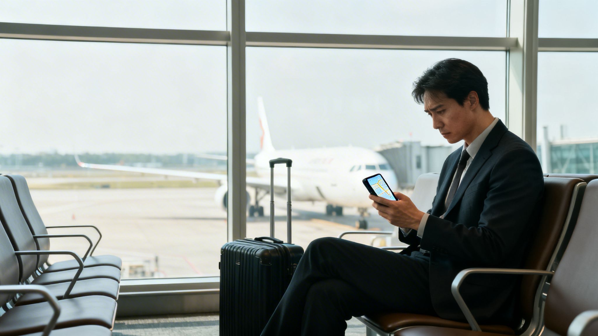 Businessman in suit checking his smartphone at airport gate with an airplane in the background.