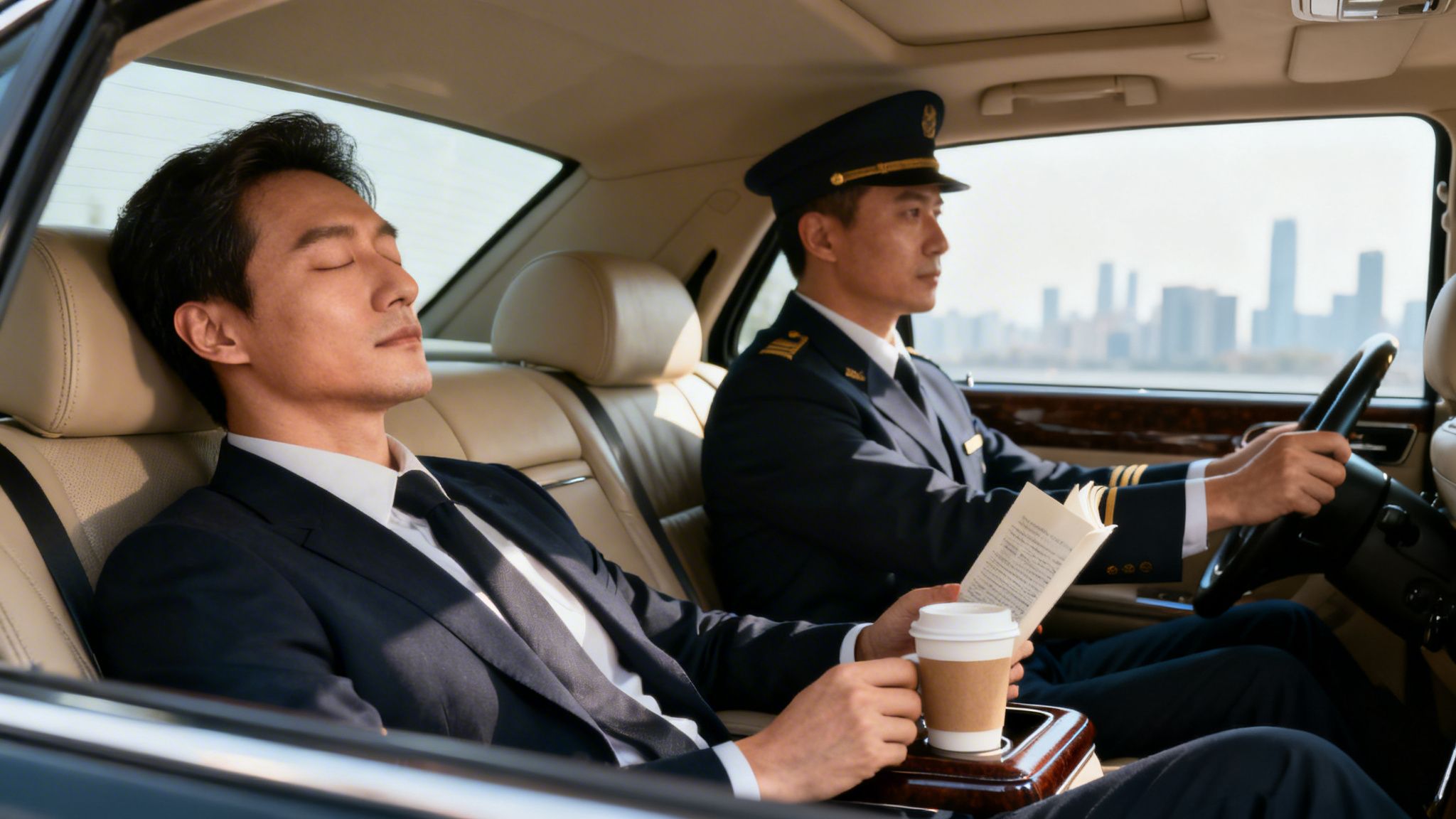 An Asian businessman sleeps in the back of a luxury car, while a uniformed chauffeur drives.
