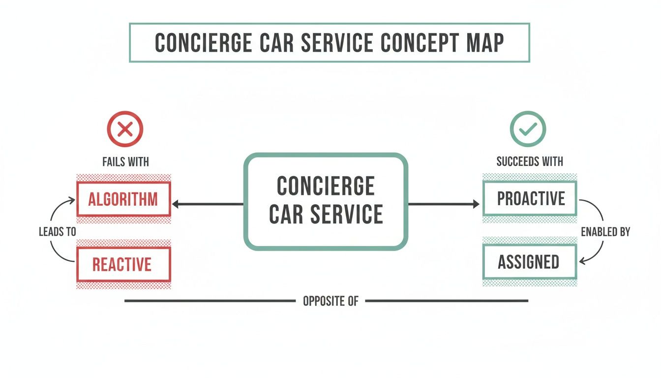 Concierge Car Service concept map illustrating success with proactive and assigned methods, contrasting failure with algorithms and reactive approaches.
