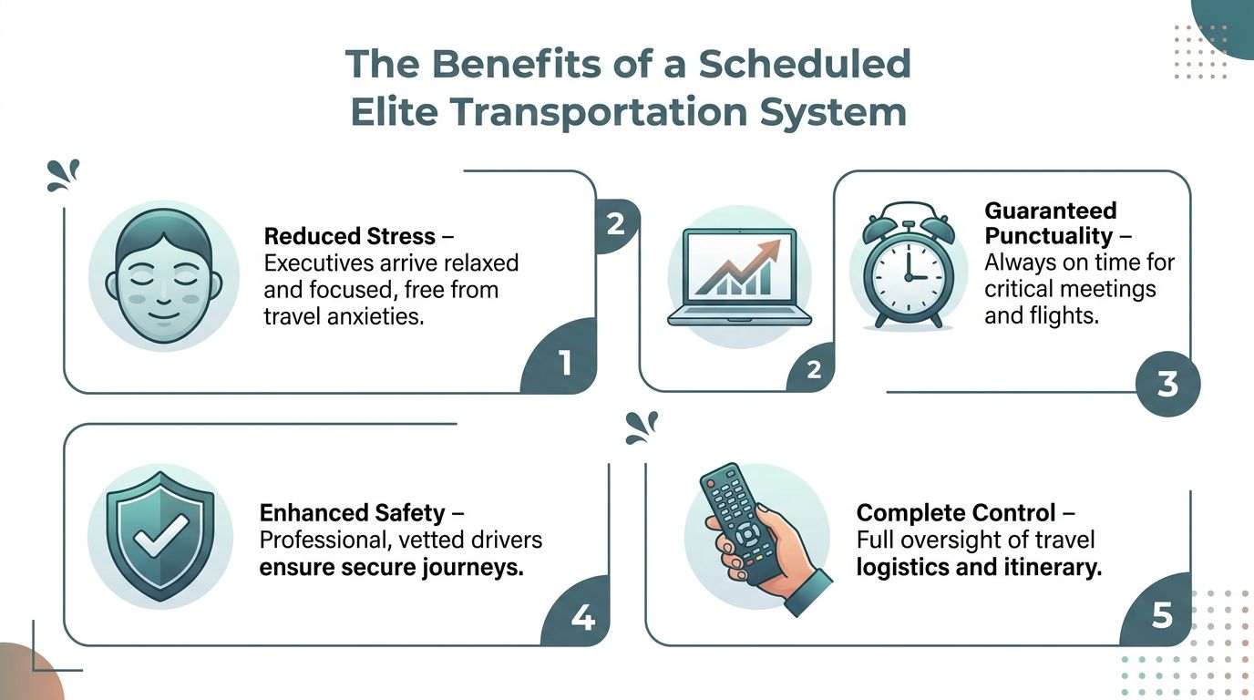 Elite Transportation: Your Guide to 3 Flawless Airport Rides 3 A graphic illustration detailing the benefits of a professional scheduled elite transportation system for corporate executives.