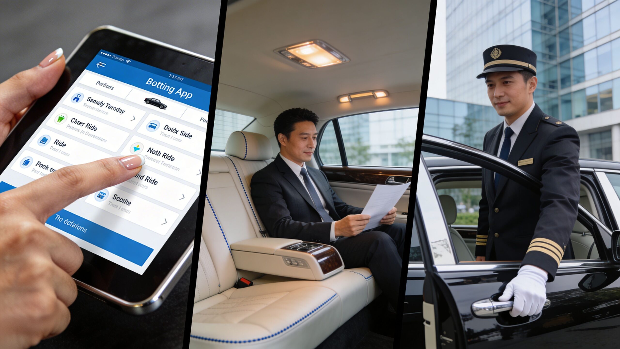 Elite Transportation: Your Guide to 3 Flawless Airport Rides 4 A split image showing a user booking a luxury car ride on a phone and a chauffeur opening the door.