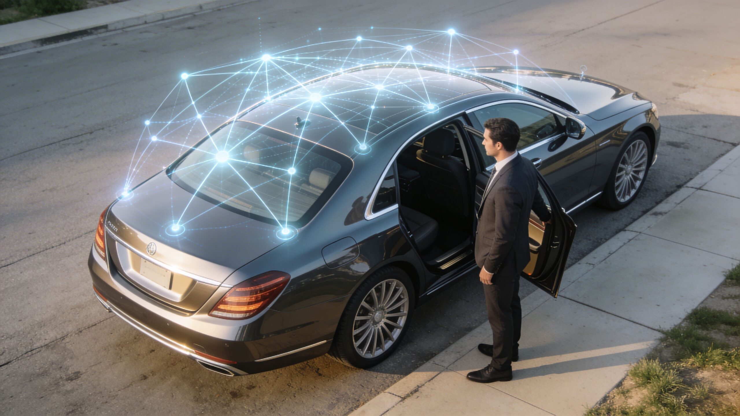 Elite Transportation: Your Guide to 3 Flawless Airport Rides 2 A professional driver in a suit stands beside a sleek car with digital network nodes hovering above.