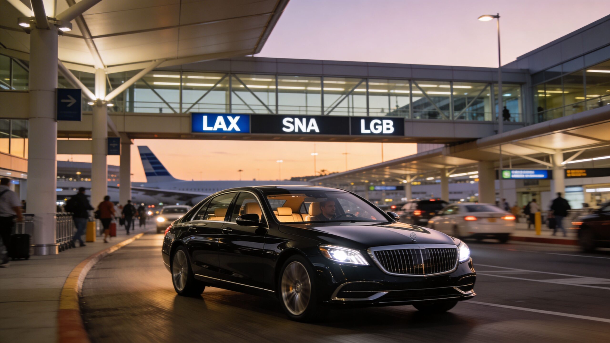 Elite Transportation: Your Guide to 3 Flawless Airport Rides 1 A luxurious black Mercedes-Maybach car drives on the drop-off ramp outside an airport terminal at sunset.