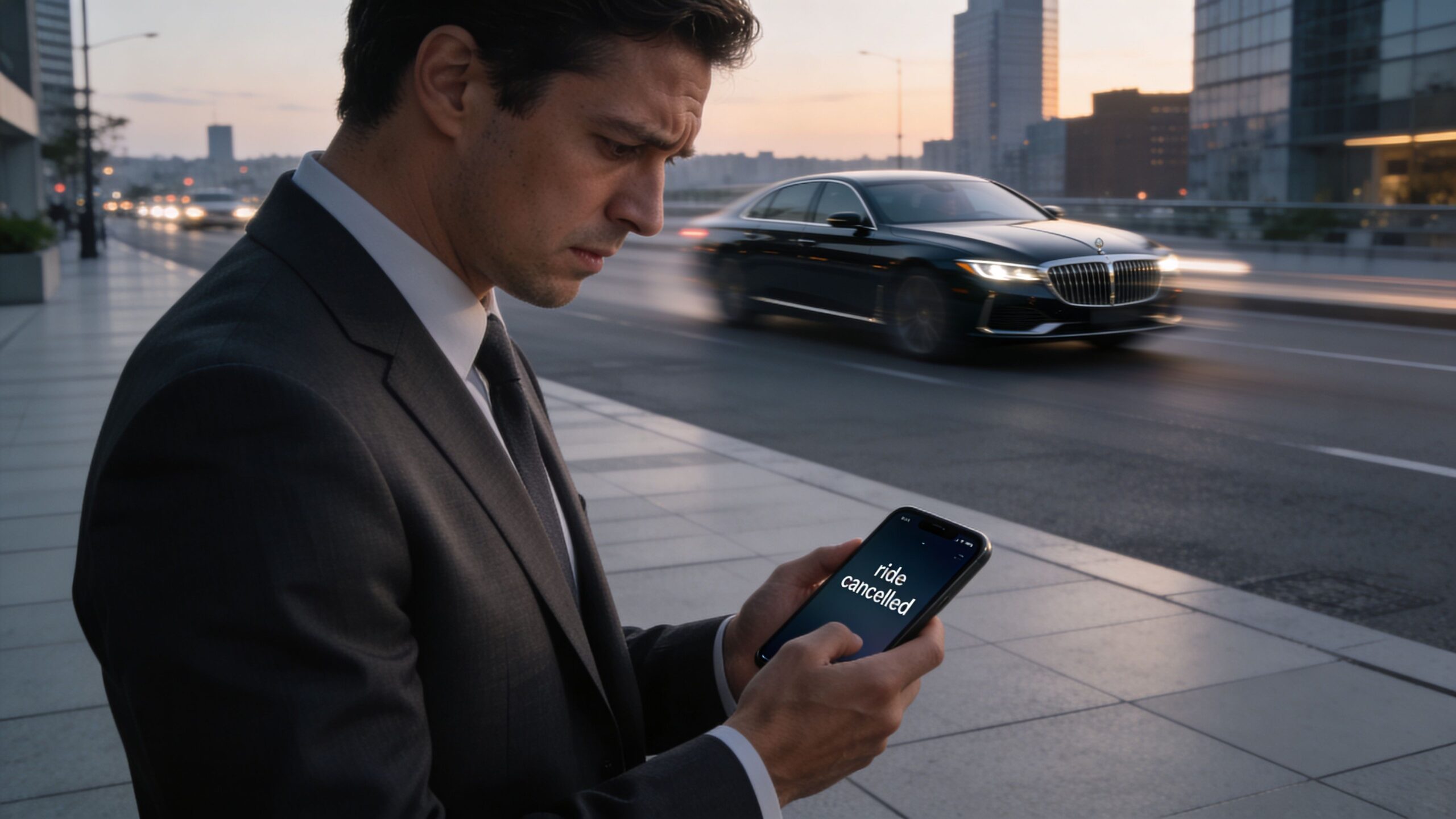 A businessman in a suit looks frustrated at his phone while a luxury car passes by.