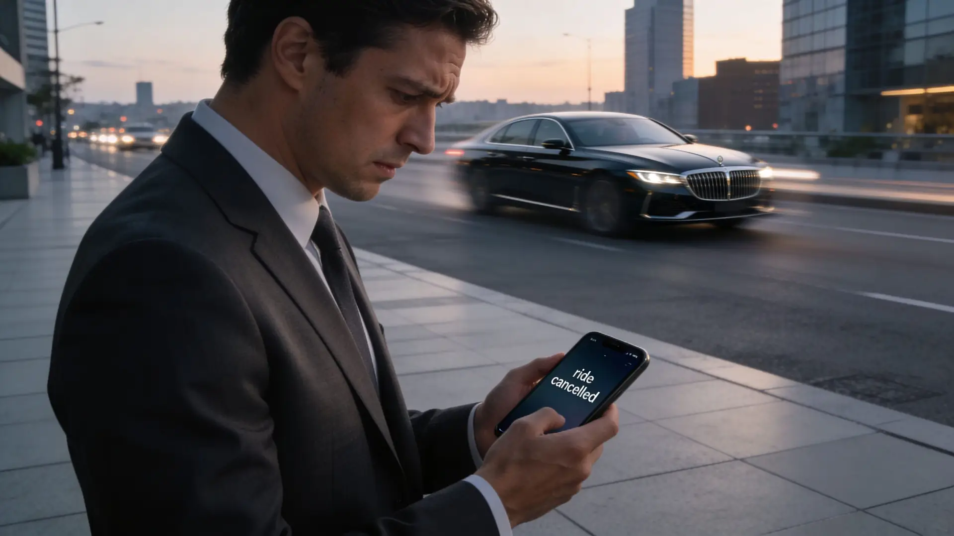 A businessman in a suit looks frustrated at his phone while a luxury car passes by.