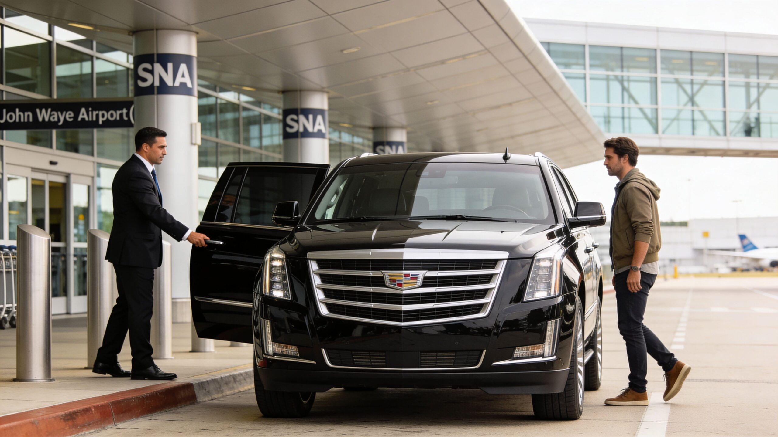 A professional chauffeur opens the door of a luxury black Cadillac SUV for a male passenger.