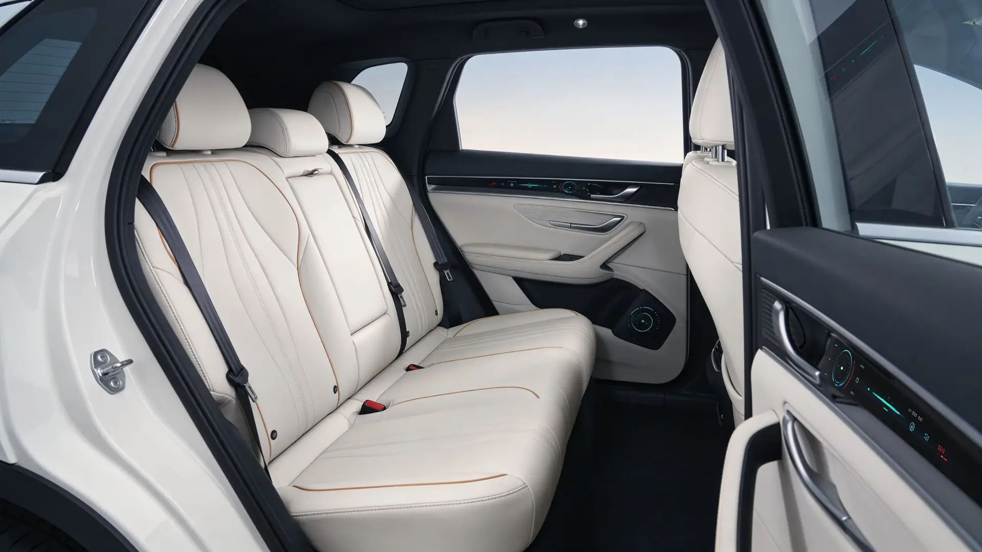 A modern and luxurious white leather backseat interior of a premium elite transportation service SUV vehicle.