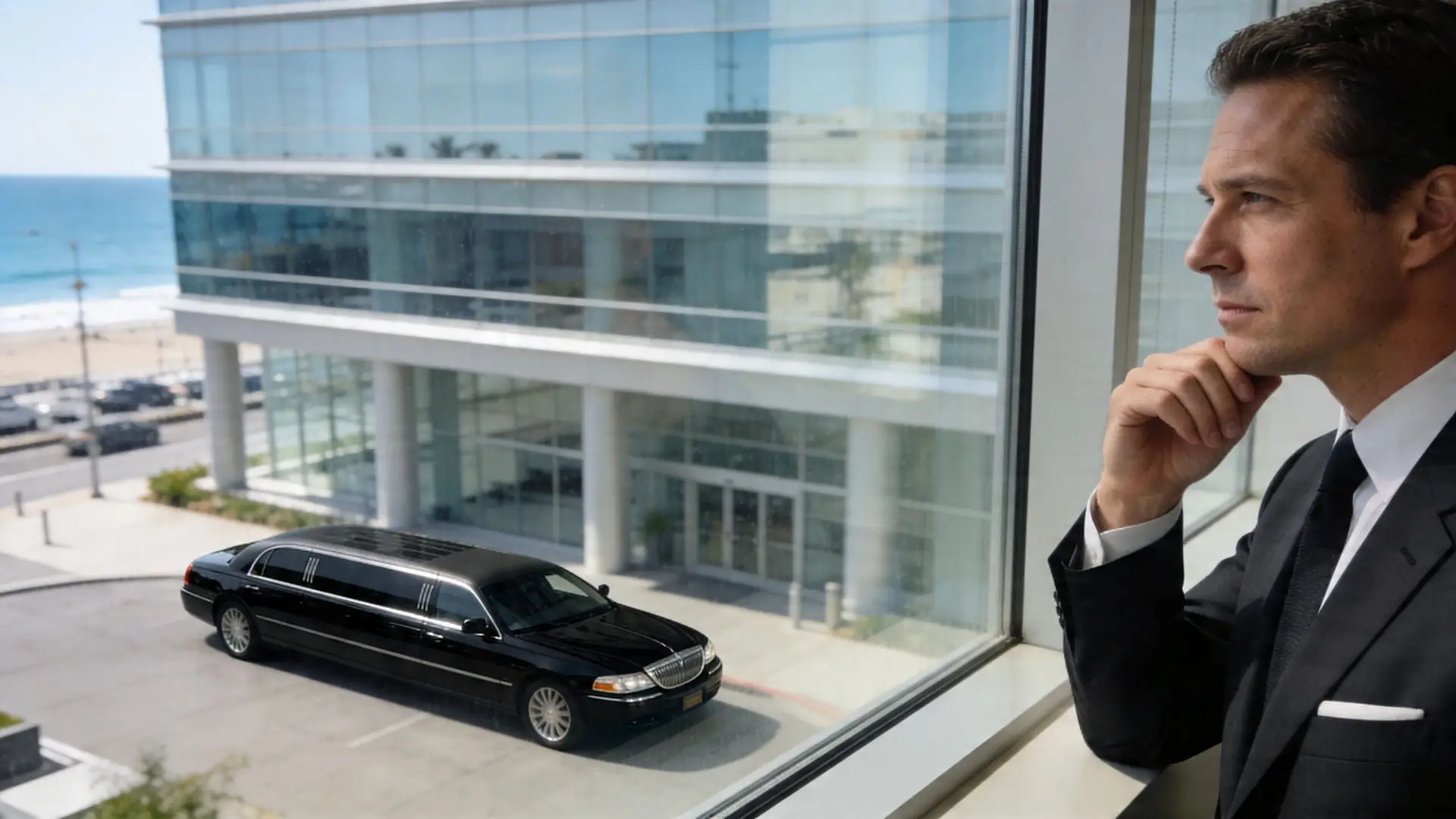 A professional businessman in a suit gazes out of a window at a waiting luxury limousine.