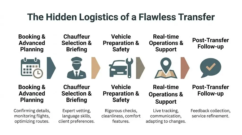 A diagram outlining the five-step logistical process for ensuring a high-quality, professional chauffeur transfer service experience.
