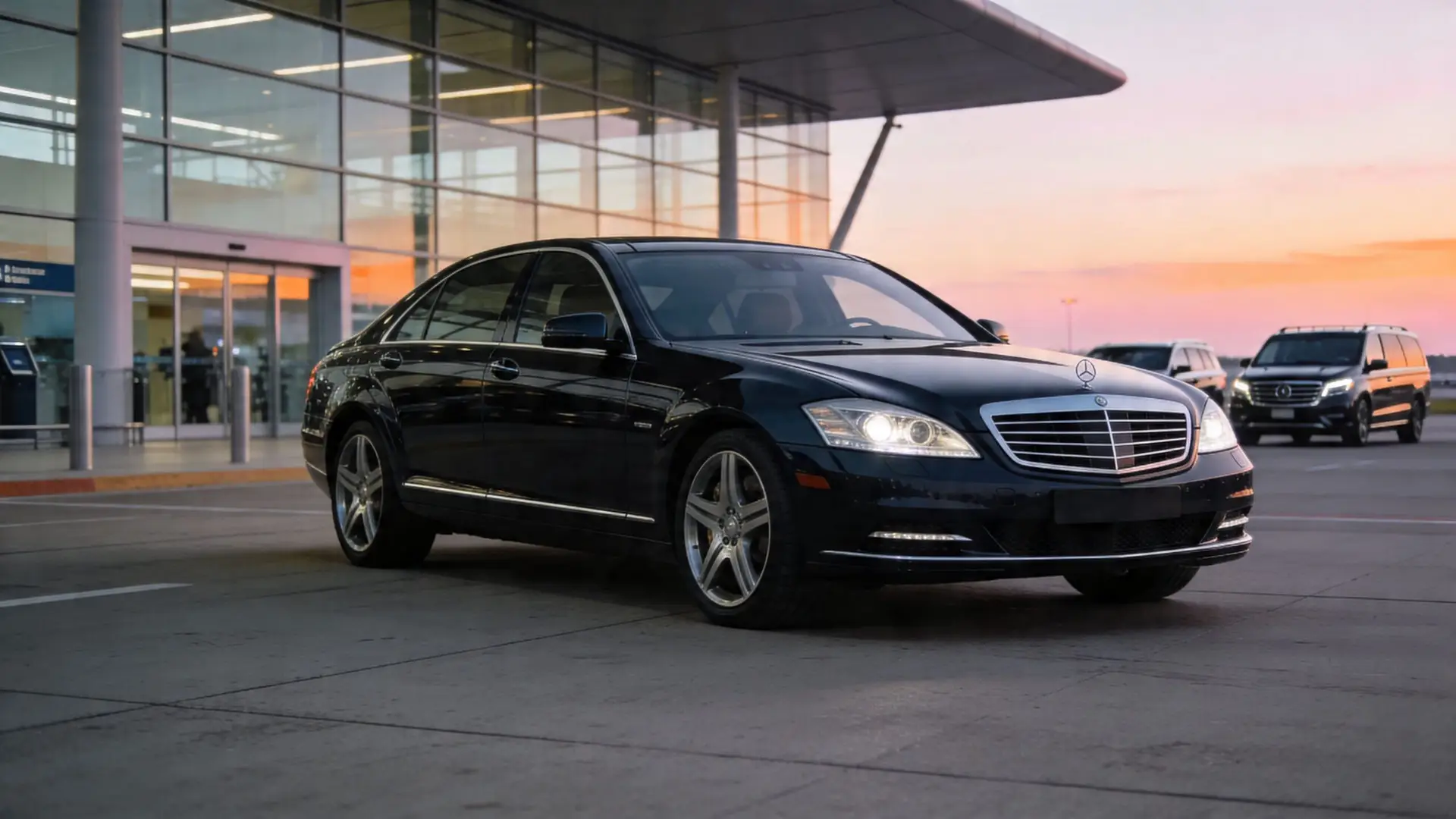 A black luxury Mercedes sedan parked in front of a modern glass airport terminal at sunset.