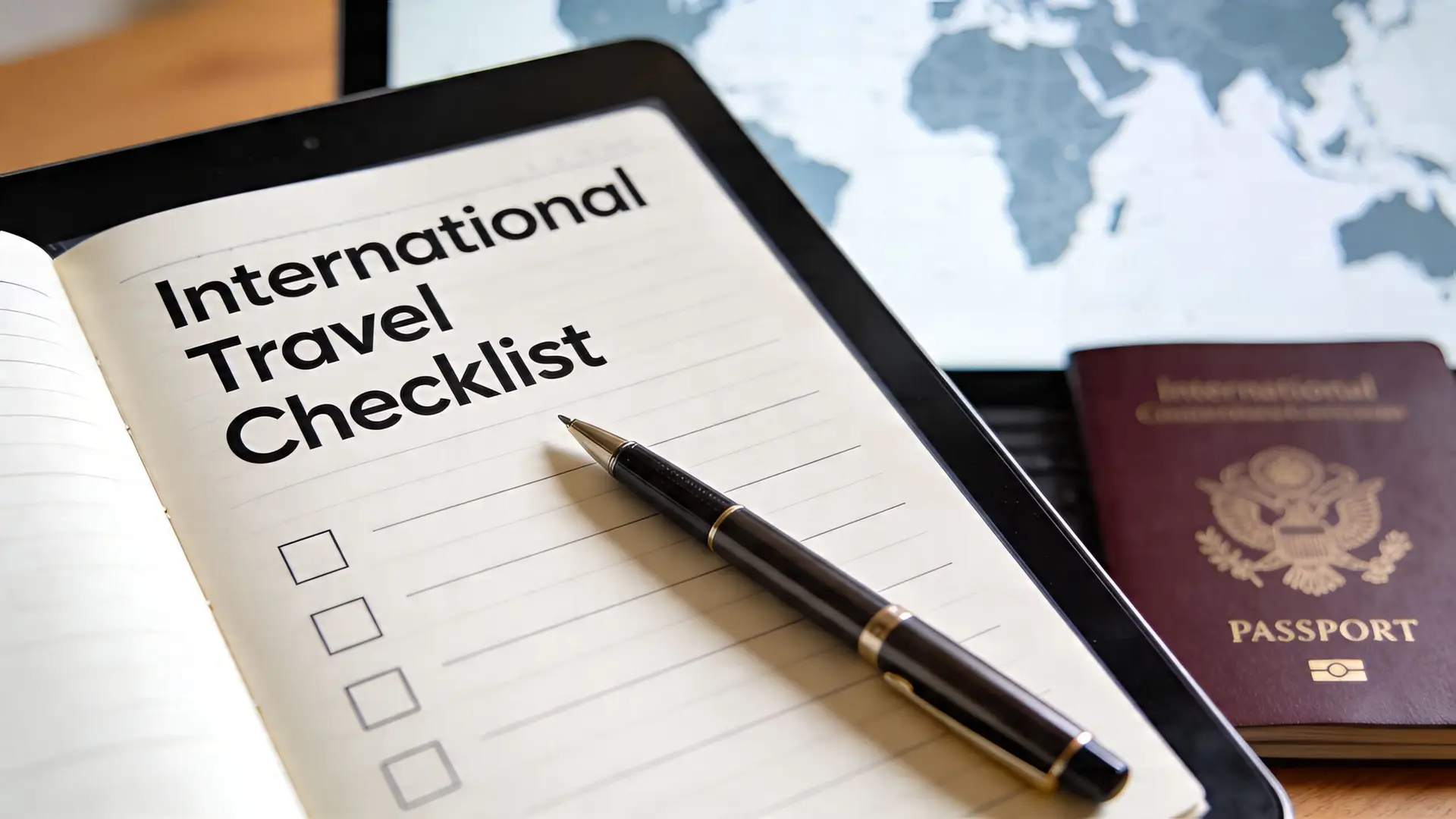 A checklist labeled International Travel Checklist placed next to a US passport and a map.