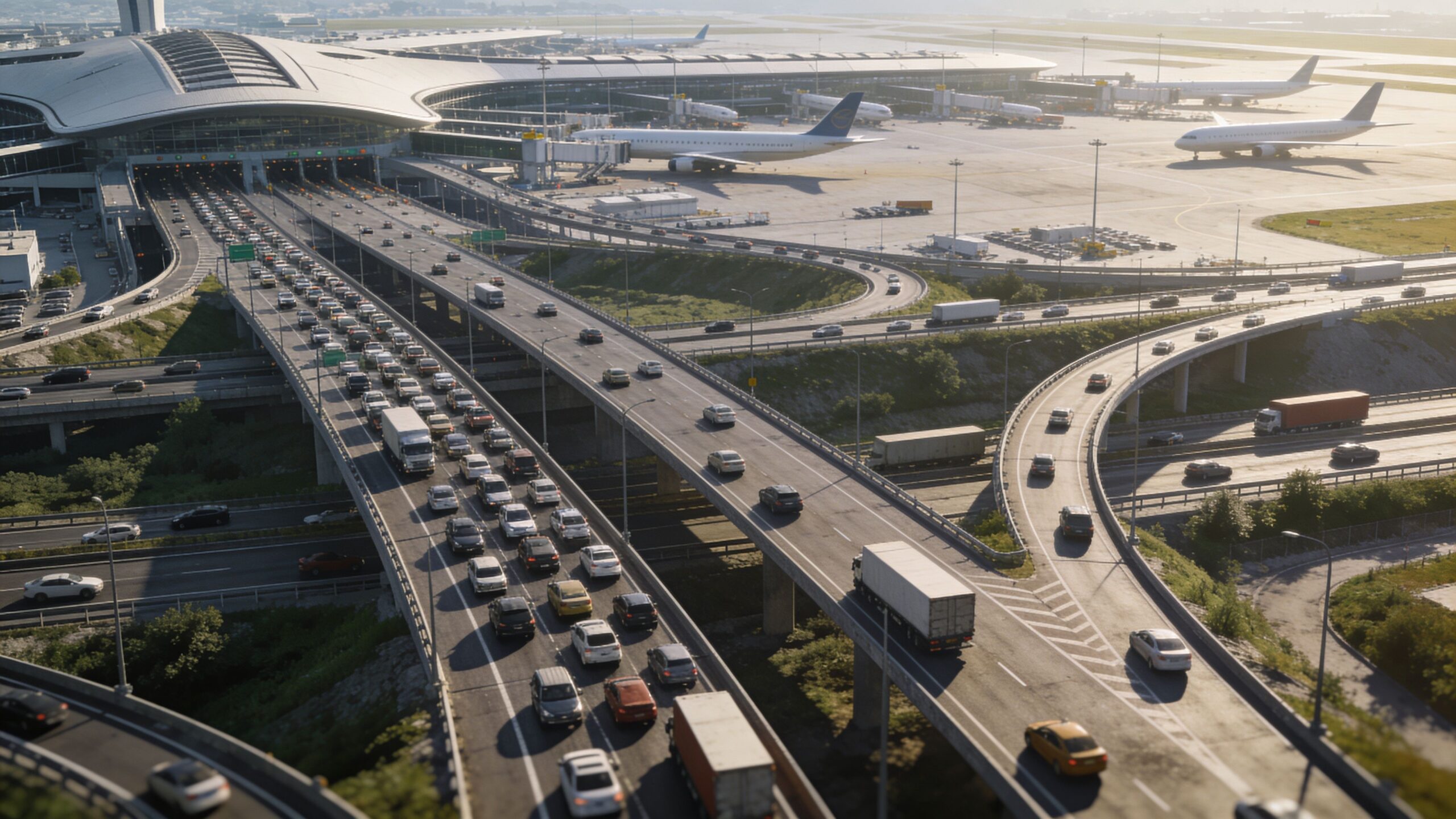 A high-angle view of a busy highway overpass leading into a modern international airport with parked airplanes.