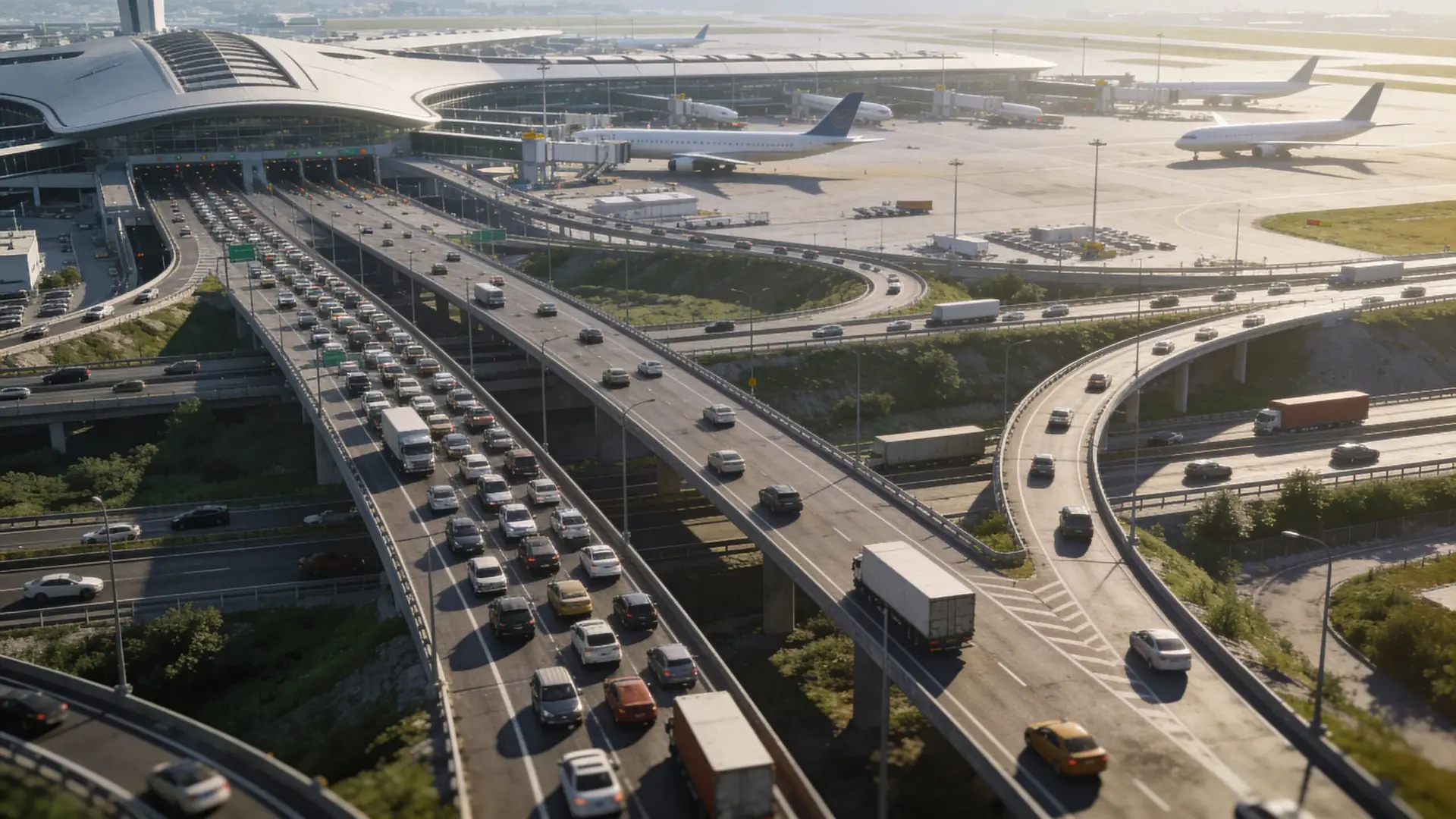 Premium LAX to SNA Car Service & Executive Guide 9 A high-angle view of a busy highway overpass leading into a modern international airport with parked airplanes.