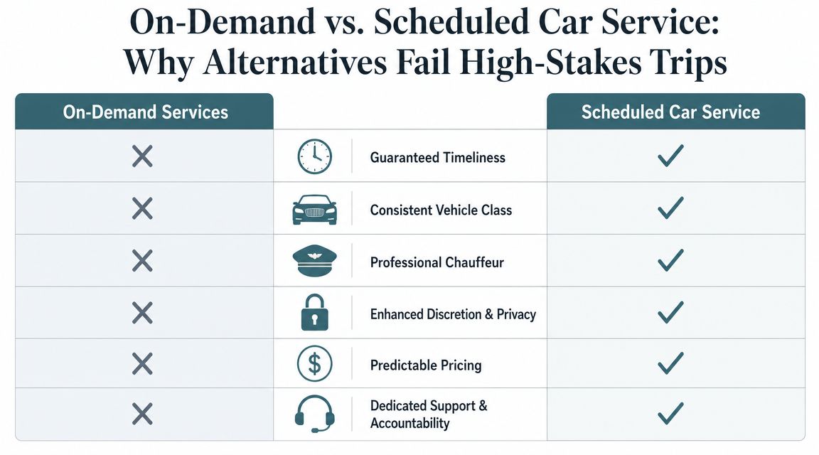 A comparison chart showing the benefits of scheduled car services over on-demand rides for important trips.