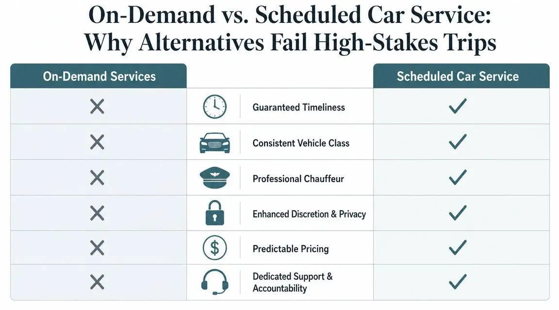 Premium LAX to SNA Car Service & Executive Guide 10 A comparison chart showing the benefits of scheduled car services over on-demand rides for important trips.