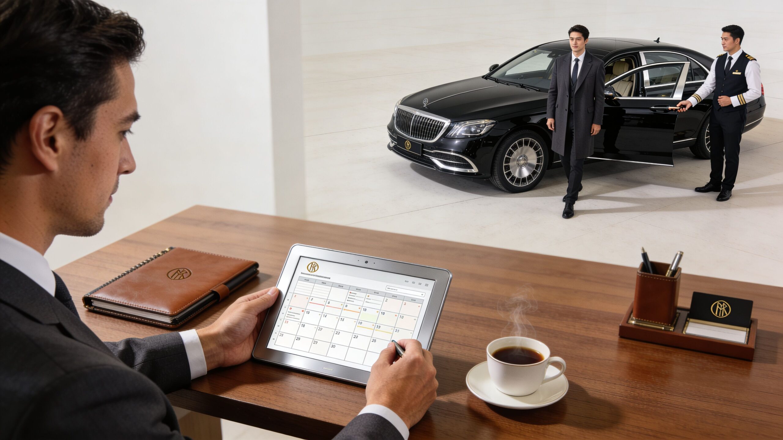 A professional man checking a digital calendar at a desk while a chauffeur waits by a car.